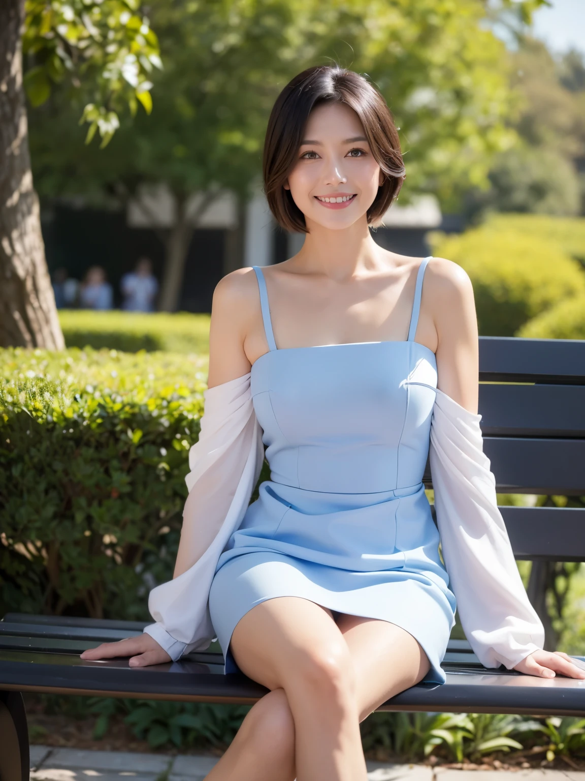 最high quality, In 8K, Masseter region, Vibrant, Sharp focus, high quality, High resolution, Detailed face, fine grain, Thick lips, (Looking at the audience), alone, Beautiful woman, 38 years old, (Short black hair:1.6),(Standard body type)、(D cup breasts)、(Orange short sleeve dress:1.6), afternoon、In front of the garden in the park,Sit cross-legged on a bench:1.5、(smile:1.6)