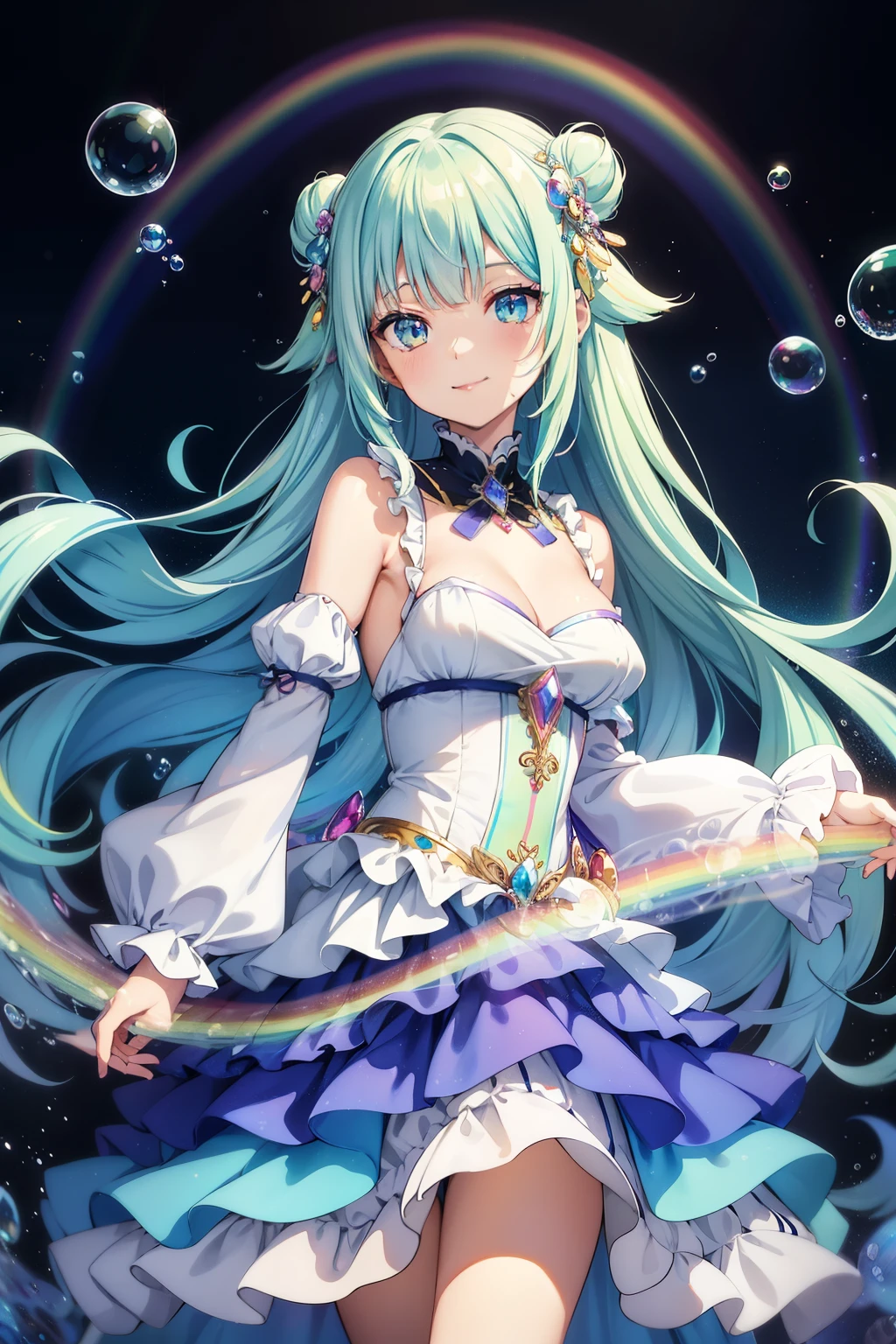 masutepiece, Best Quality, Intricate details,Beautiful Girl, Light blue long hair, Twin-tailed, A charming smile, Sparkling eyes, Otherworldly liquid fantasia background, watercolor paiting, bright vivid colors, capricious, Colorful, Layered Tiered Puffy Long Sleeve Ball Gown, ((iridescent rainbow bubbles))