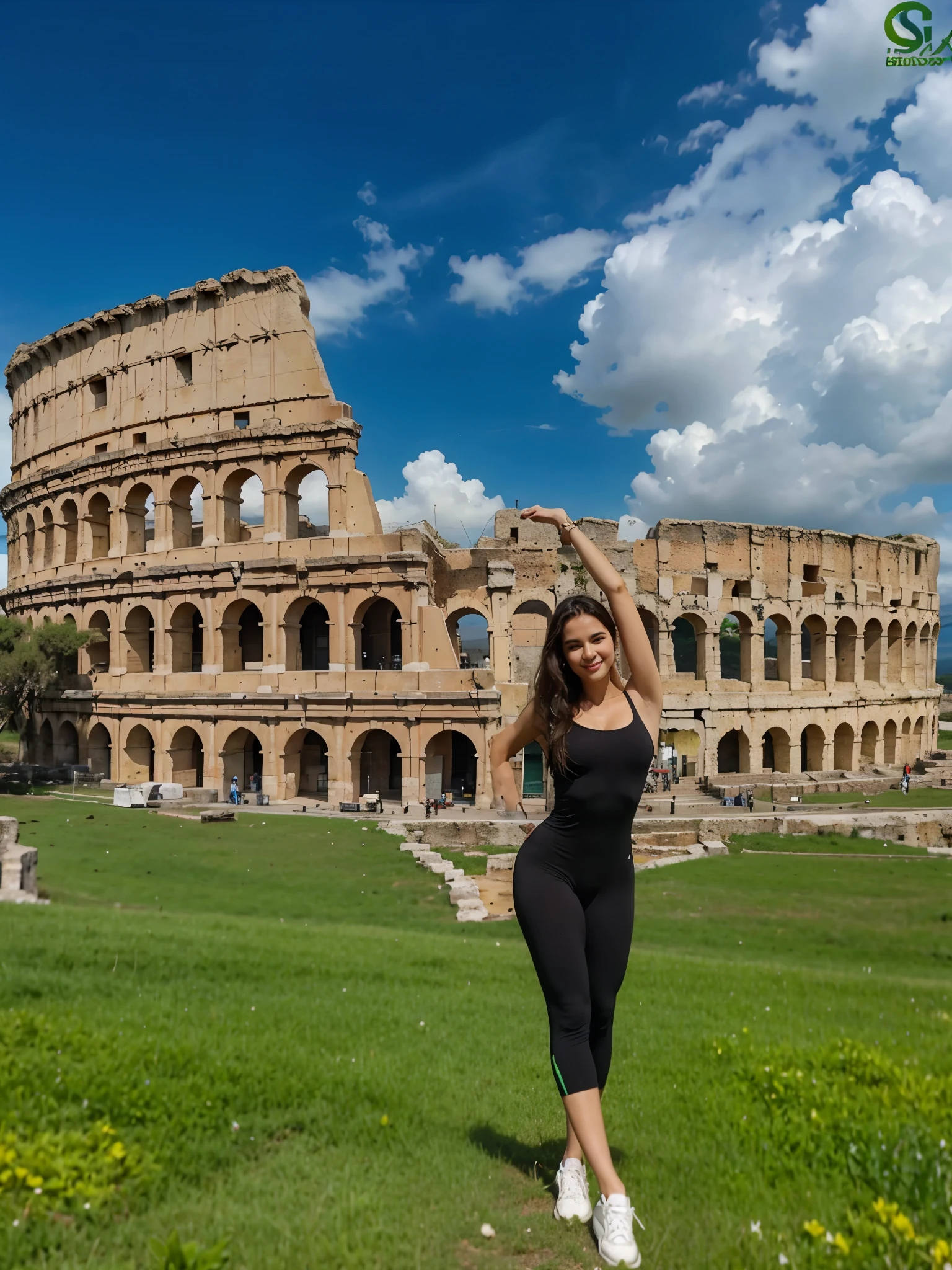 A woman with short curly hair, wearing a teal top and denim shorts, sitting in an ancient Roman city with classical architecture and statues.