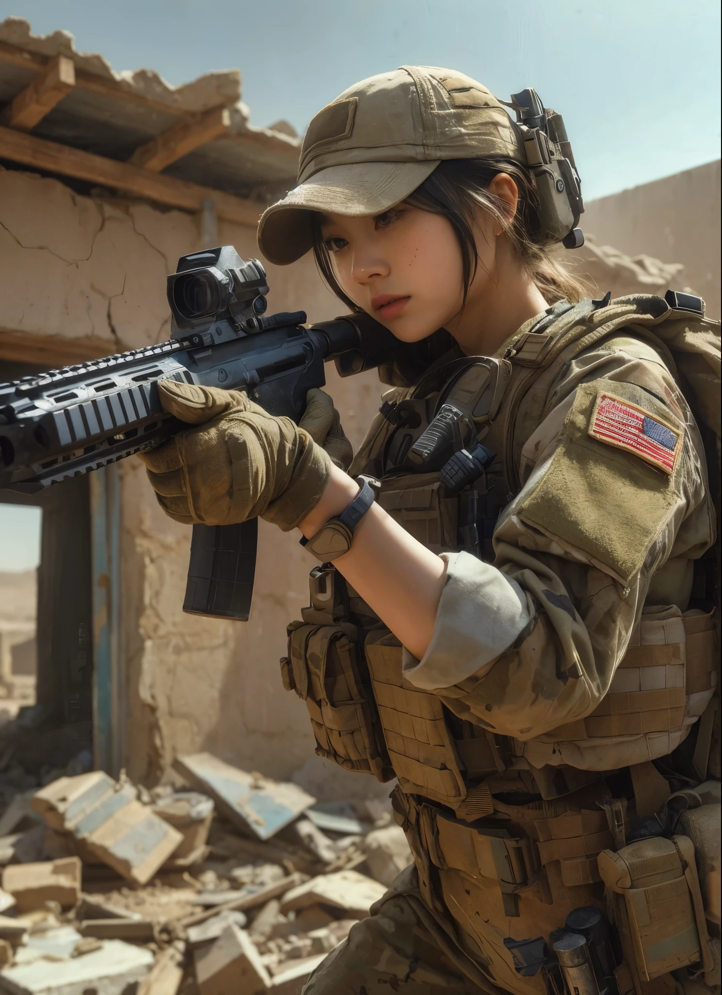 8K, realistic photo, realistic skin texture, Japanese women in the U.S. Army、、Abandoned settlement in the desert、In a room in a small, crumbling, abandoned building、The roof of the building is gone There is only a wall.、Respond to gunfire、Sand is piled up、Intense gunfight、Fighting back with automatic rifles、Bulletproof vest、cap、Afghan Stole、backpack、Vigilance、The background is out of focus、、Dynamic pose、Flying wall fragments、Innovative composition