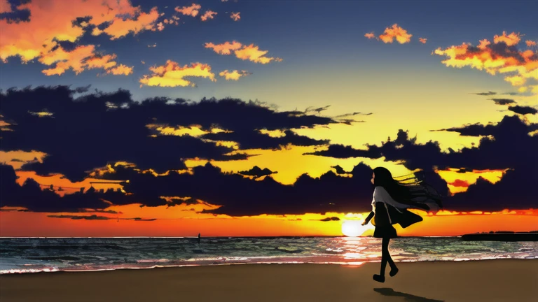 The light of the setting sun reflects fantastically from the seaside and scatters、Flying lights,Silhouette of a girl walking, ((Long Shadows))
