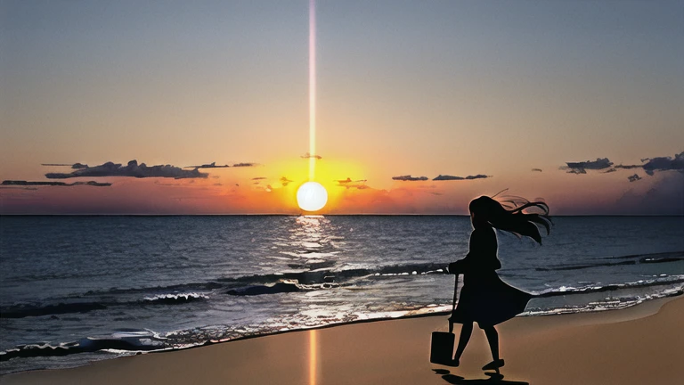 The light of the setting sun reflects fantastically from the seaside and scatters、Flying lights,Silhouette of a girl walking, ((Long Shadows))