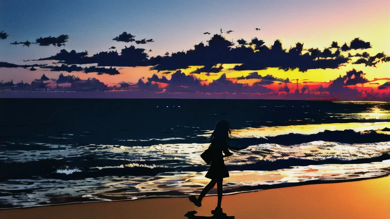 The light of the setting sun reflects fantastically from the seaside and scatters、Flying lights,Silhouette of a girl walking, ((Long Shadows))