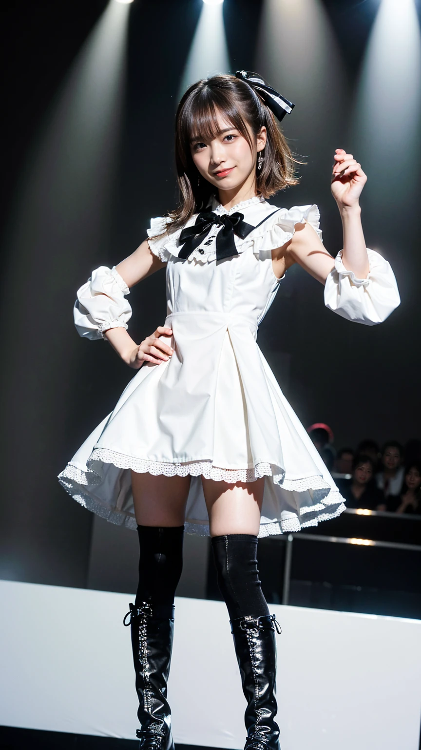 (8k、RAW Photos、highest quality、masterpiece:1.2)、(Realistic、Realistic)、1 girl、((smile、Ribbon on chest、Black and white dress、boots、Big Chest Hair、View from the front、stage、Spotlight、Pretty Cure Costume、Standing with hands on hips))、Lots of eyelashes、Glowing eyelids、skeletally correct