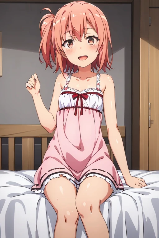 ((highest quality)), ((masterpiece)), (be familiar with), Perfect Face, indoor, Bedroom, Watching the audience,
One woman, Yuigahama Yui,
Open Mouth, Ecstatic expression, blush, smile,
Small breasts, Flat Chest, Young Girl, , , Girl,
Short Hair, Salmon-colored hair, Salmon-colored eyes, Side Pony,
Leg spread,