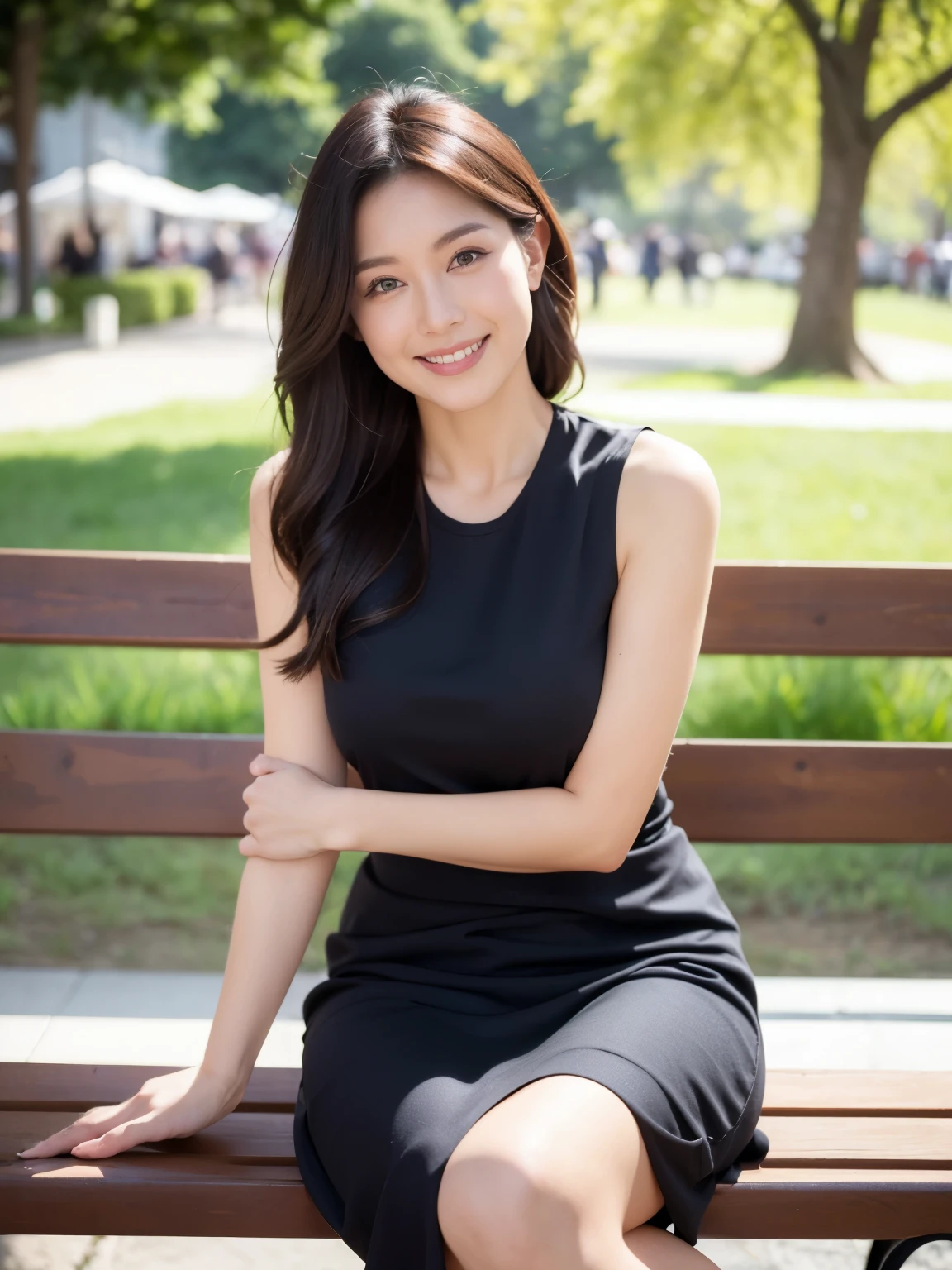 最high quality, In 8K, Masseter region, Vibrant, Sharp focus, high quality, High resolution, Detailed face, fine grain, Thick lips, (Looking at the audience), alone, Beautiful woman, 38 years old, （Short black hair:1.6),（Standard body type）、（D cup breasts）、（Orange sleeveless dress:1.6), afternoon、In front of the garden in the park,Sit cross-legged on a bench：1.5、（smile:1.6）