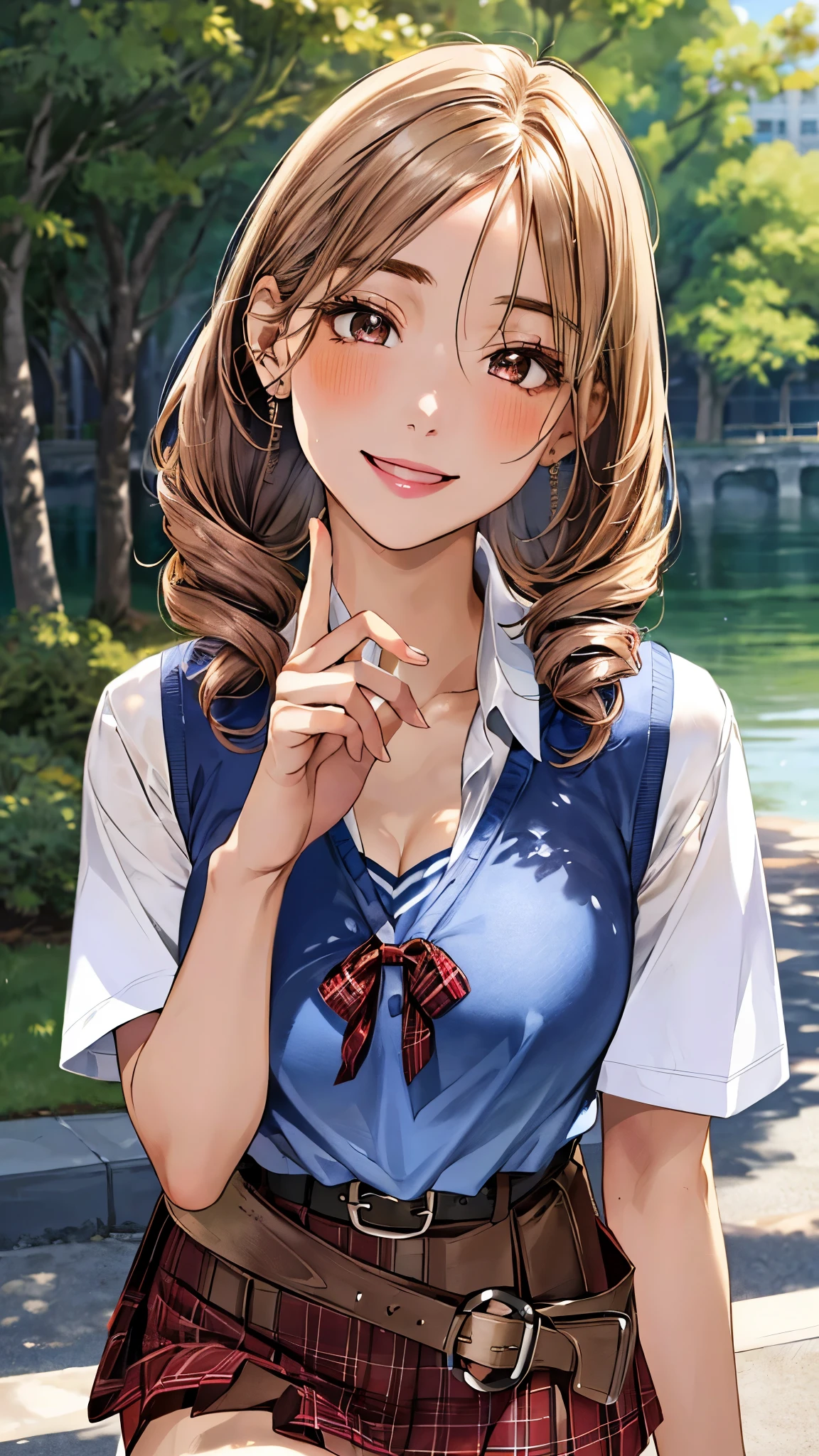 (masterpiece:1.3, top-quality, ultra high res, ultra detailed), (realistic, photorealistic:1.2), beautiful illustration, perfect lighting, natural lighting, colorful, depth of fields, 
beautiful detailed hair, beautiful detailed face, beautiful detailed eyes, beautiful clavicle, beautiful body, beautiful chest, beautiful thigh, beautiful legs, beautiful hands, shiny skin, 
looking at viewer, (face focus, upper body), 1 girl, high school girl, (perfect anatomy, anatomically correct, super detailed skin), cute and symmetrical face, face, perfect face, perfect eyes, perfect fingers,
(middle hair, drill hair, sandy beige hair), hair pulled back, light brown eyes, long eyelashes, (large breasts, seductive thighs), slender, outstanding style, 
((detailed cloth texture, light blue , school vest, tight skirt, belt, white collared shirt), red plaid hair ribbon),
(beautiful scenery), late afternoon, (riverside), walking, (smiling kindly:1.2), 