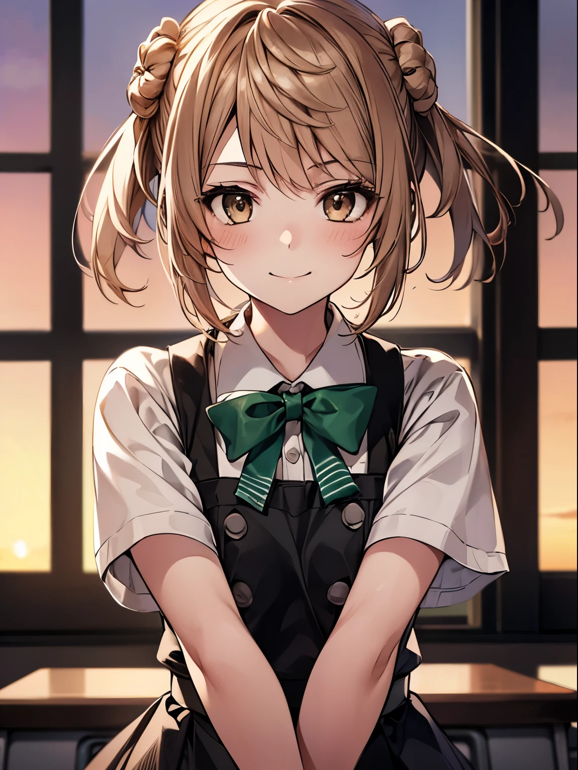 MichishioKC, 1 girl, Solo, Cute Girl,Best Quality, Ultra-detailed, 8K, High resolution, detailed face, in the classroom, standing near the window, sunset, upper body, light smile, gentle smile, black dress, white shirt, short sleeves, green bowtie,