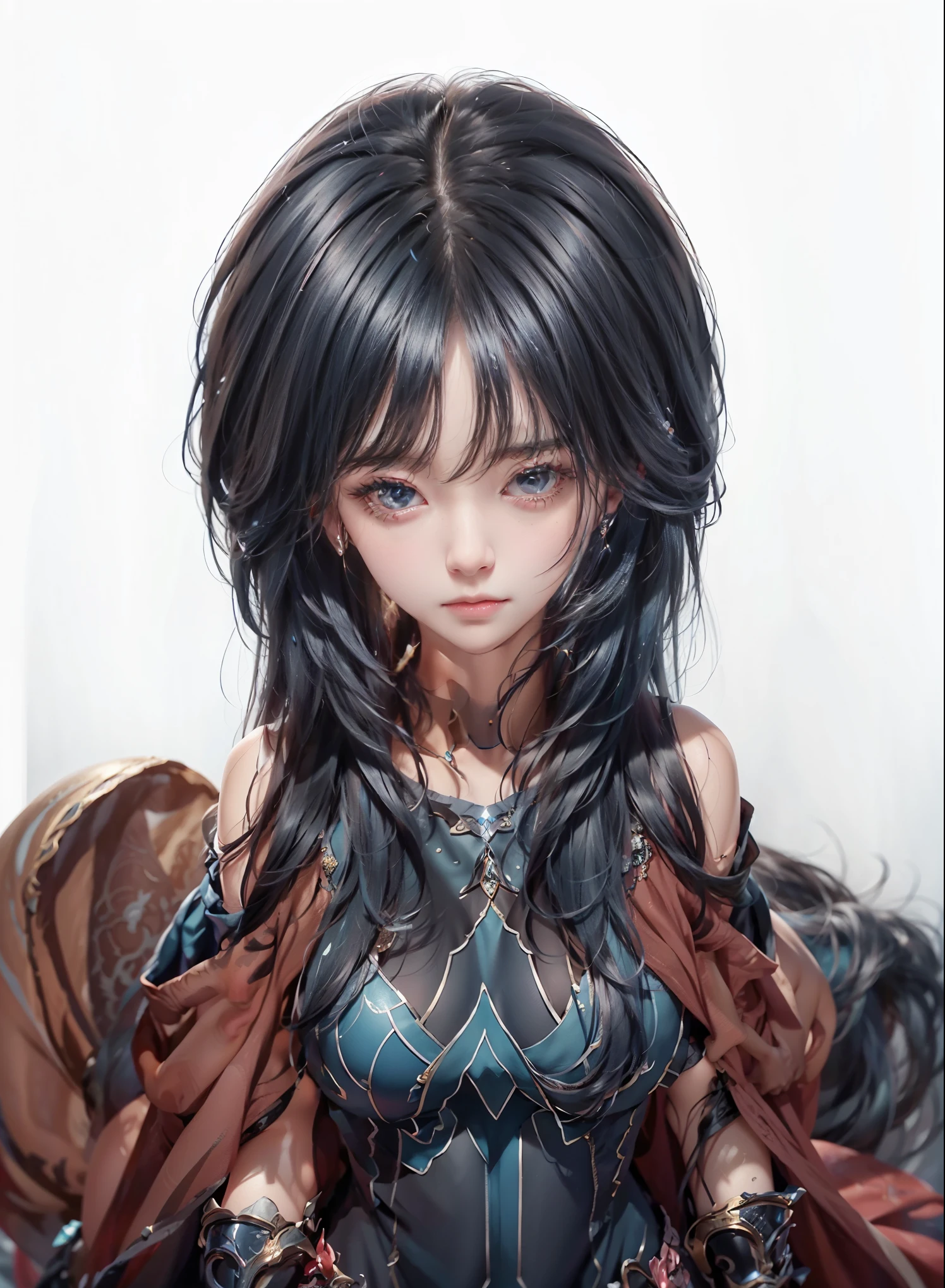 ((Above the shoulder，Close-up of face))， Big ， Looking at the audience， 超realism, Ghibli-style colors,  Ghibli-style colors, anime big breasts,  Draw while standing, Viewing angle,  shorten, shorten, 8k, Super Detail，Woman with big breasts and blue hair,realism, trace,，Role List, Reference table, Draw while standing, 8k, Super Detail, 1080p, Women HD，woman, 16K, high resolution, best quality, high quality, Anatomically correct, masterpiece, precise, Ultra HD，as elegant as a swan，Unreal Engine， Ghibli-style colors,   anime big breasts,  Draw while standing, Viewing angle,Combat armor，perspective，Lace skirt