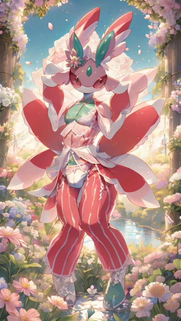 one person、male、maleの体格、lurantis(pokemon)、masterpiece、highest quality、(((Revealing white lace underwear)))、bra with ribbon、Grassland Background、Shy pose、Big ribbon on the waist、Idol costume with ribbons and frills、In the flower garden、Side view、Ass、turn around、Dance of Petals