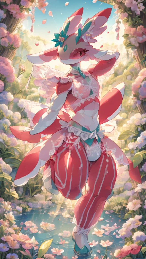 one person、male、maleの体格、lurantis(pokemon)、masterpiece、highest quality、(((Revealing white lace underwear)))、bra with ribbon、Lake Background、Shy pose、Big ribbon on the waist、Idol costume with ribbons and frills、In the flower garden、Dance of Petals、Jumping、Card illustration style