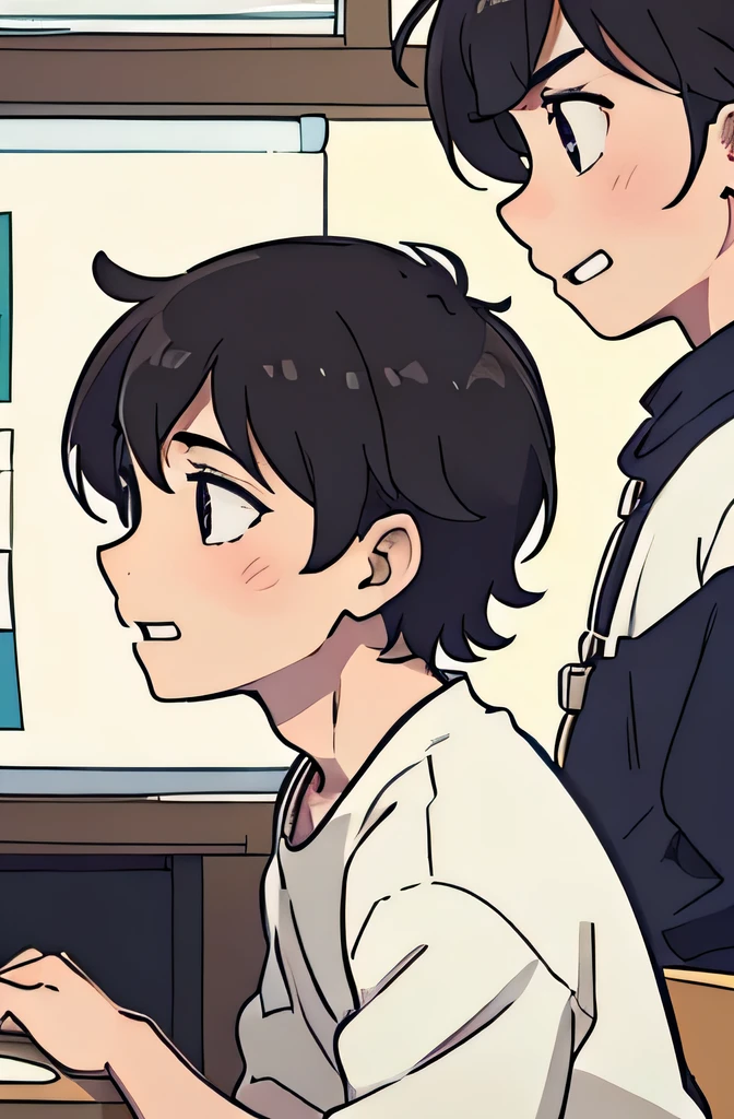 perfect anime illustration, side view illustration of a boy having short messy hair, shocked expression, surprised, smiling looking in the distance