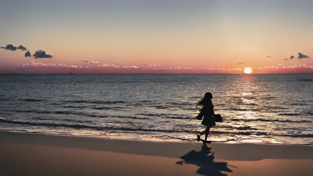 The light of the setting sun reflects fantastically from the seaside and scatters、Flying lights,Silhouette of a girl walking, ((Long Shadows))