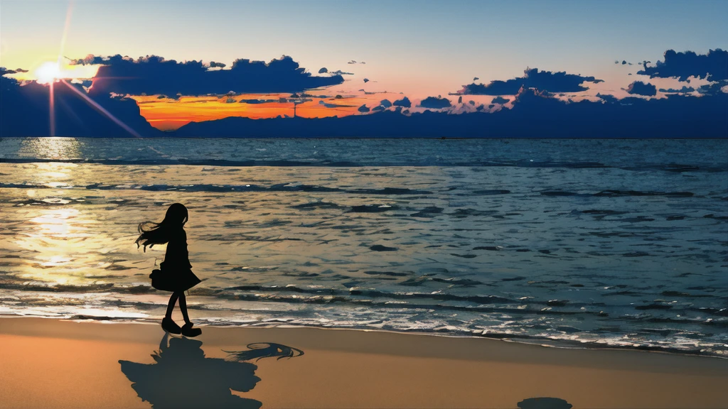 The light of the setting sun reflects fantastically from the seaside and scatters、Flying lights,Silhouette of a girl walking, ((Long Shadows))
