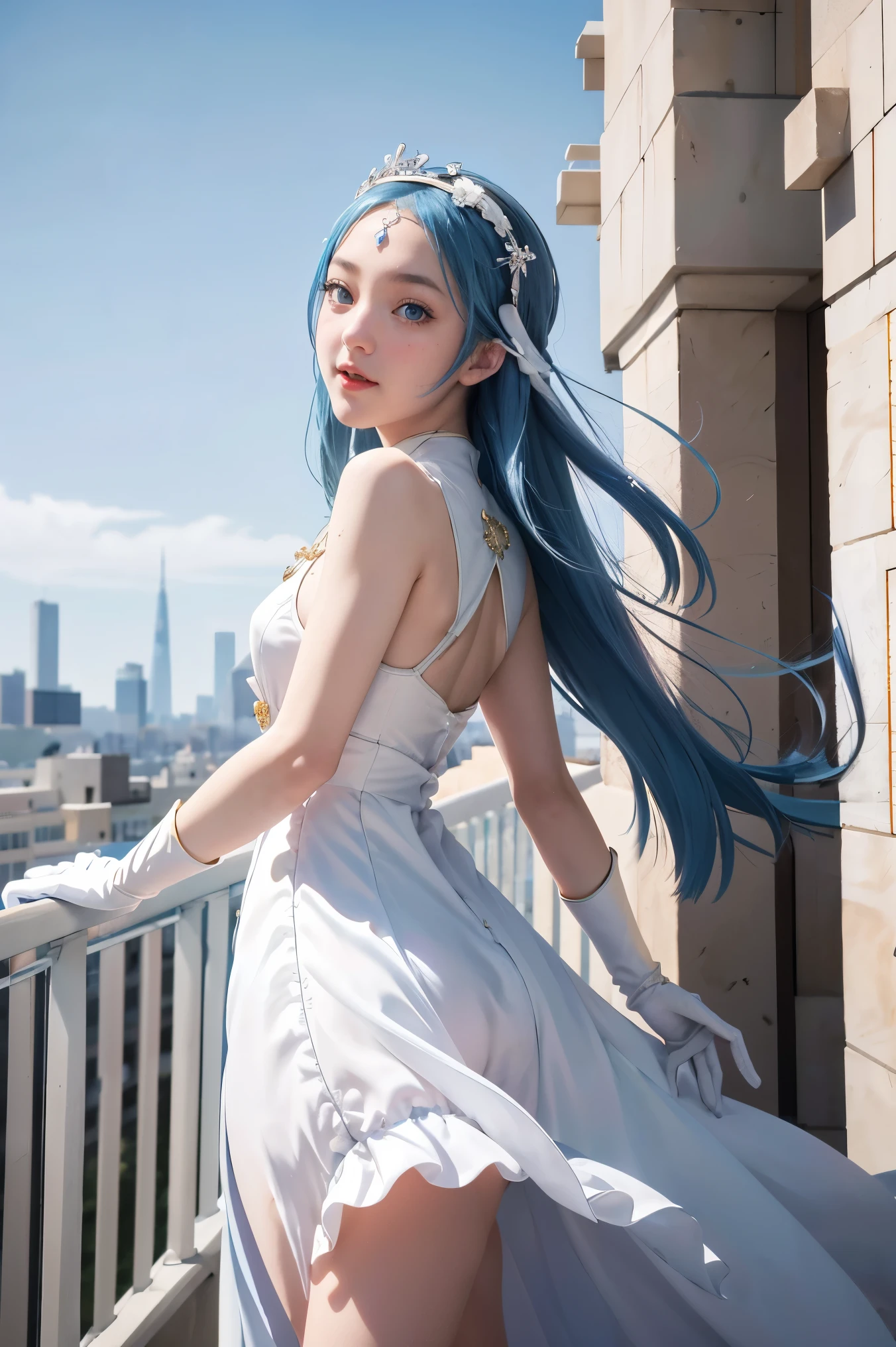 1girl, highres, masterpiece, solo, anime, absurdres, detailed face, perfect eyes, azura (fire emblem), upper body, full body, white dress, jewelry, white gloves, cityscape, holding, staff, singing