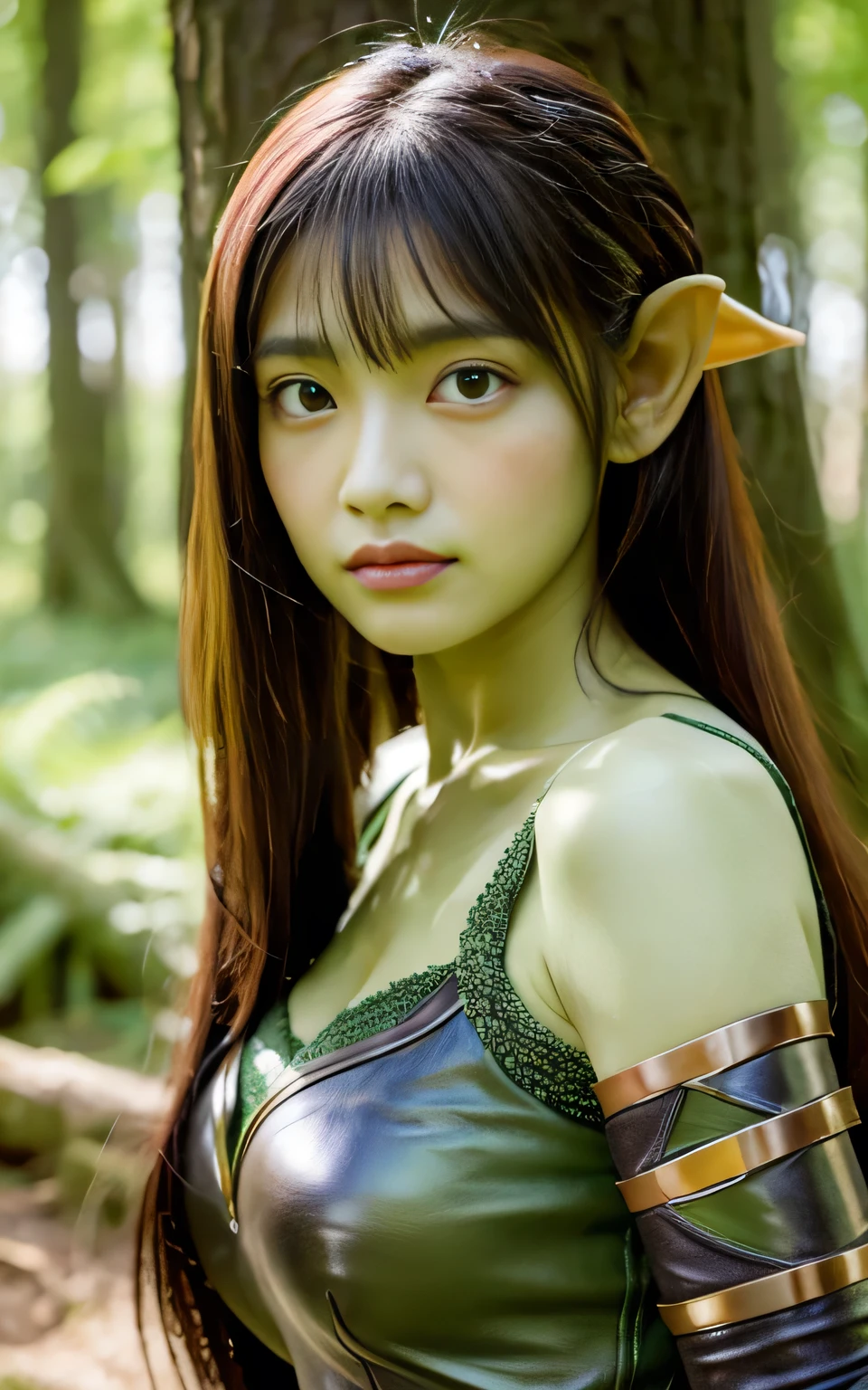 (8K quality、High resolution、Ultra-detailed、最high quality、masterpiece、high quality、Perfect dynamic composition,Gravure photo、Realistic:1.3)、Perfect lighting、One Goblin Woman、Detailed face、Detailed skin、Detailed eyes、Beautiful Face、（Seductively Posing、Otherworldly fantasy:1.3)、Green Face、Green Skin、Green body、Green Hair、Pointed Ears、Stolen equipment、Leather Armor、forest