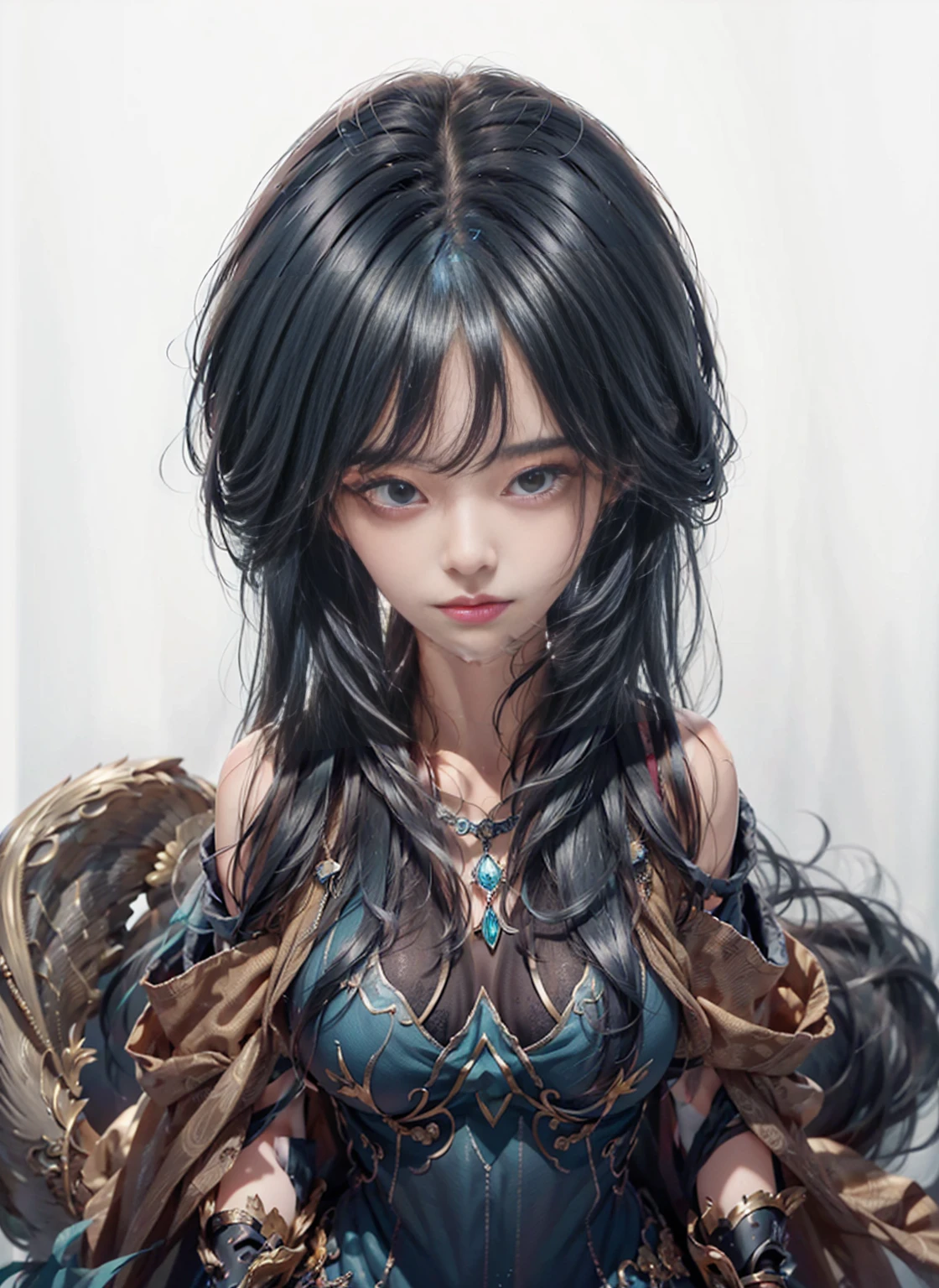 ((Above the shoulder,Close-up of face)), Big , Looking at the audience, 超realism, Ghibli-style colors, Ghibli-style colors, anime big breasts, Draw while standing, Viewing angle, shorten, shorten, 8k, Super Detail,Woman with big breasts and blue hair,realism, trace,,Role List, Reference table, Draw while standing, 8k, Super Detail, 1080p, Women HD,woman, 16K, high resolution, best quality, high quality, Anatomically correct, masterpiece, precise, Ultra HD,as elegant as a swan,Unreal Engine, Ghibli-style colors, anime big breasts, Draw while standing, Viewing angle,Combat armor,perspective,Lace skirt