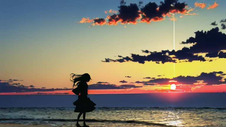 The light of the setting sun reflects fantastically from the seaside and scatters、Flying lights,Silhouette of a girl walking, ((Long Shadows))