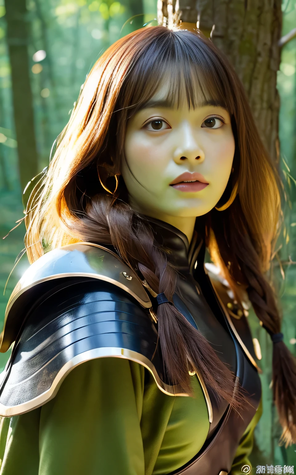 (8K quality、High resolution、Ultra-detailed、最high quality、masterpiece、high quality、Perfect dynamic composition,Gravure photo、Realistic:1.3)、Perfect lighting、One Goblin Woman、Detailed face、Detailed skin、Detailed eyes、Beautiful Face、(Seductively Posing、Otherworldly fantasy:1.3)、Green Face、Green Skin、Green body、Green Hair、Pointed Ears、Stolen equipment、Leather Armor、forest