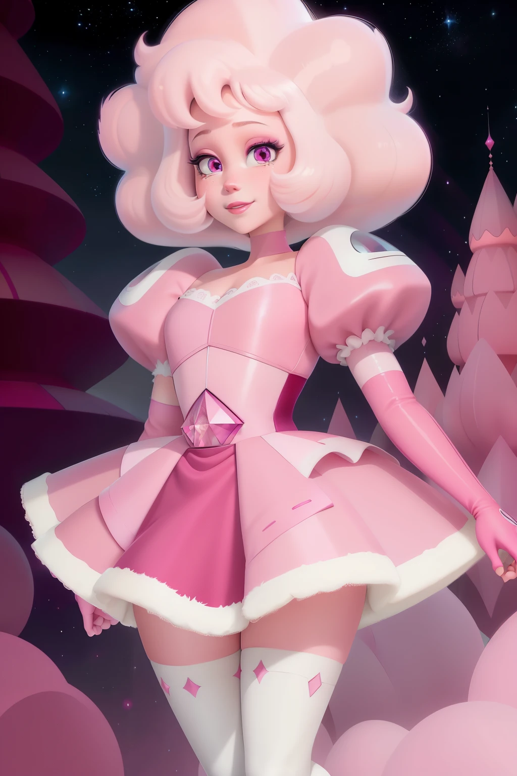 pnkdamond, pink hair, pink eyes,  big hair,  stomach gem,  pink skin,  toned, 
puffy short sleeves, elbow gloves ,  white thighhighs,   puffy dress, 
standing, upper body, 
 outerspace,  
(insanely detailed, beautiful detailed face,beautiful detailed eyes, masterpiece, best quality) cinematic lighting,  smile, 
 