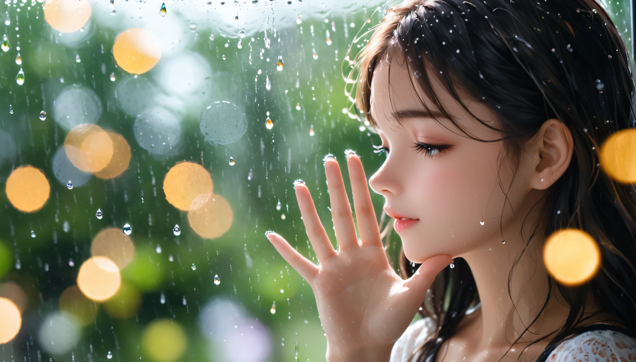 windowglass stained with water droplets,a vague figure of a young girl,hand on the glass,the wind blows water droplets,
blurry_foreground,bokeh,perfect hands,