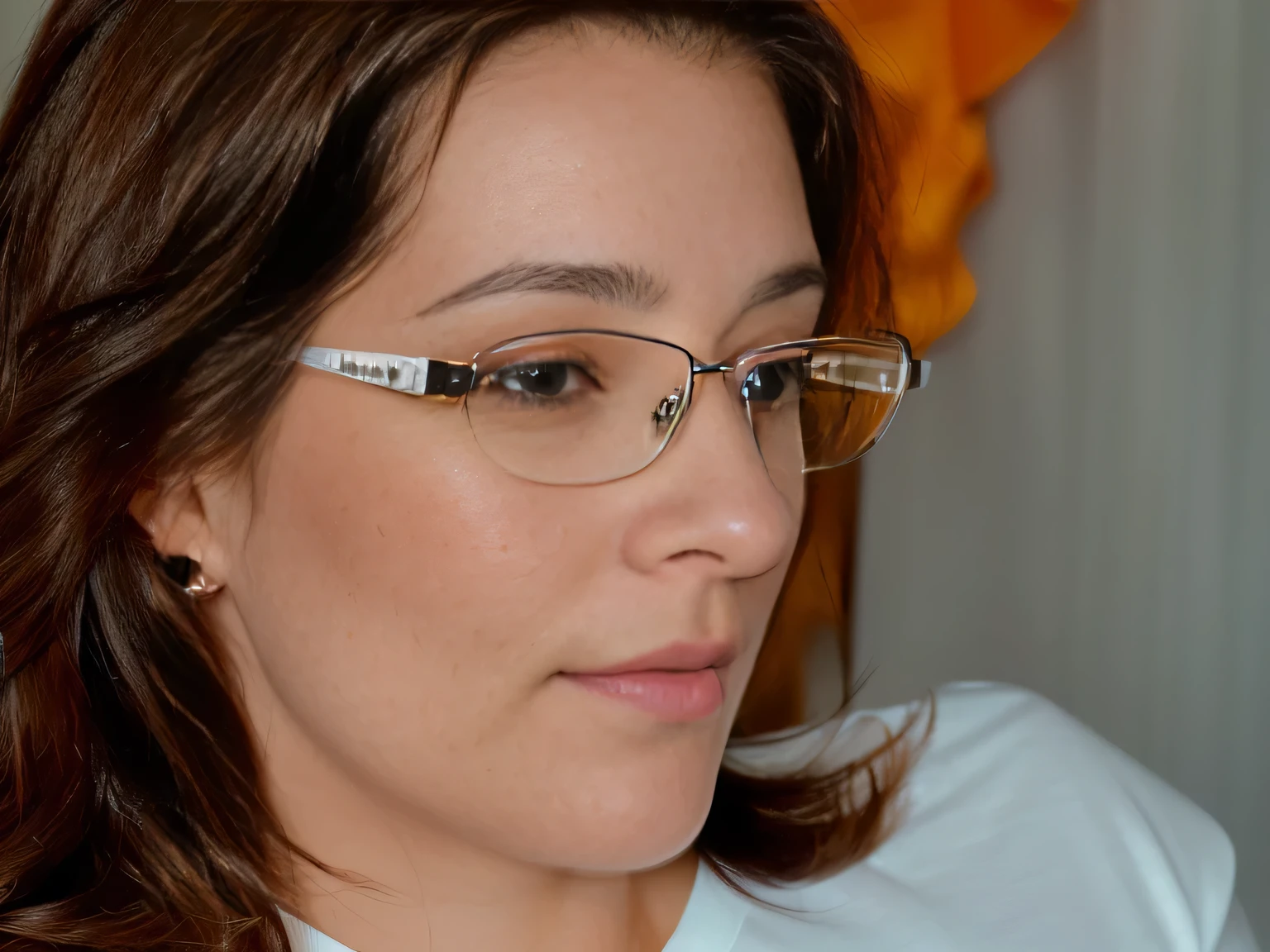 there is a light brunette woman with glasses looking at a cell phone, portrait of a 38 year old woman, wearing reading glasses, wearing large thin round glasses, portrait of brunette, close-up portrait of woman, 38 years old, (38 years old ), wearing white t-shirt ((((white t-shirt))) no blur, HD, high contrast, 16K Masterpiece: 1.3, high resolution, (photographically realistic), NUDE, NUDITY, NFSW. 16K