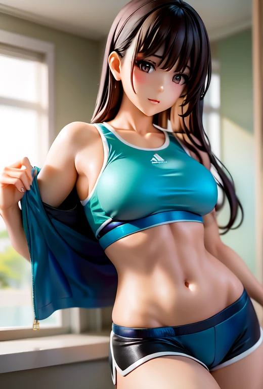 arafed asian woman in a sports bra top and panties posing for a picture, sport bra and shorts, cute sportswear, with a thin waist, sport bra and dark blue shorts, bra and shorts streetwear, sporty physique, sport bra and shirt, kimi takemura, model with attractive body, sport bra, photo of slim girl model, fit dainty figure