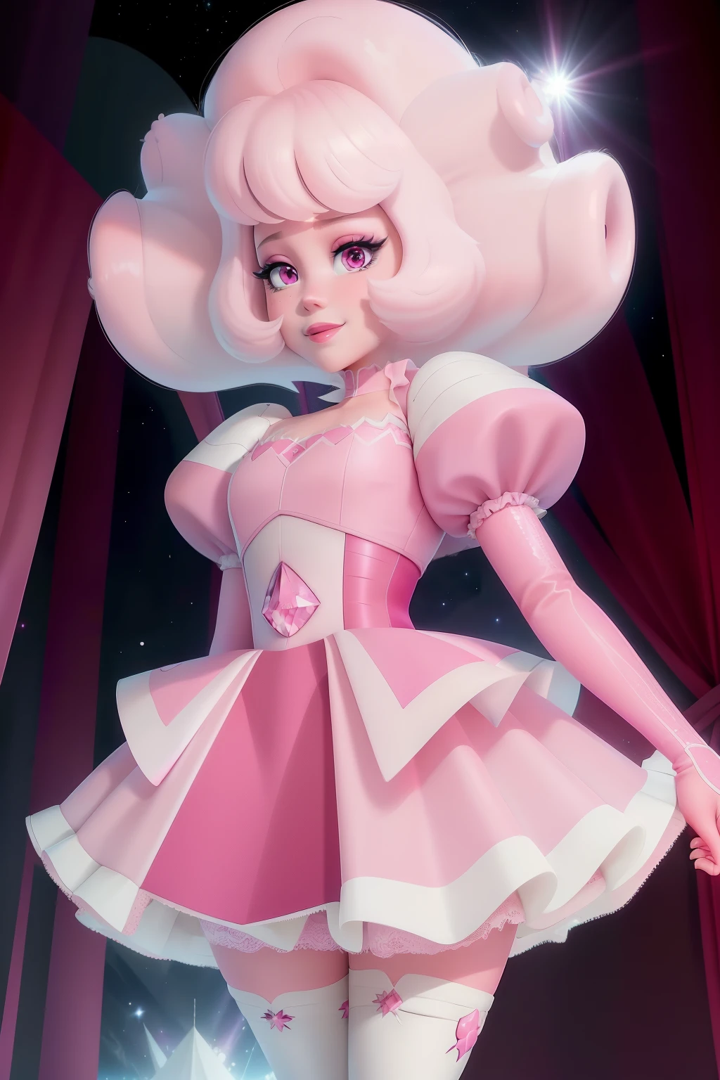 pnkdamond, pink hair, pink eyes, big hair, stomach gem, pink skin, toned,
puffy short sleeves, elbow gloves , white thighhighs, puffy dress,
standing, upper body,
outerspace,
(insanely detailed, beautiful detailed face,beautiful detailed eyes, masterpiece, best quality) cinematic lighting, smile,