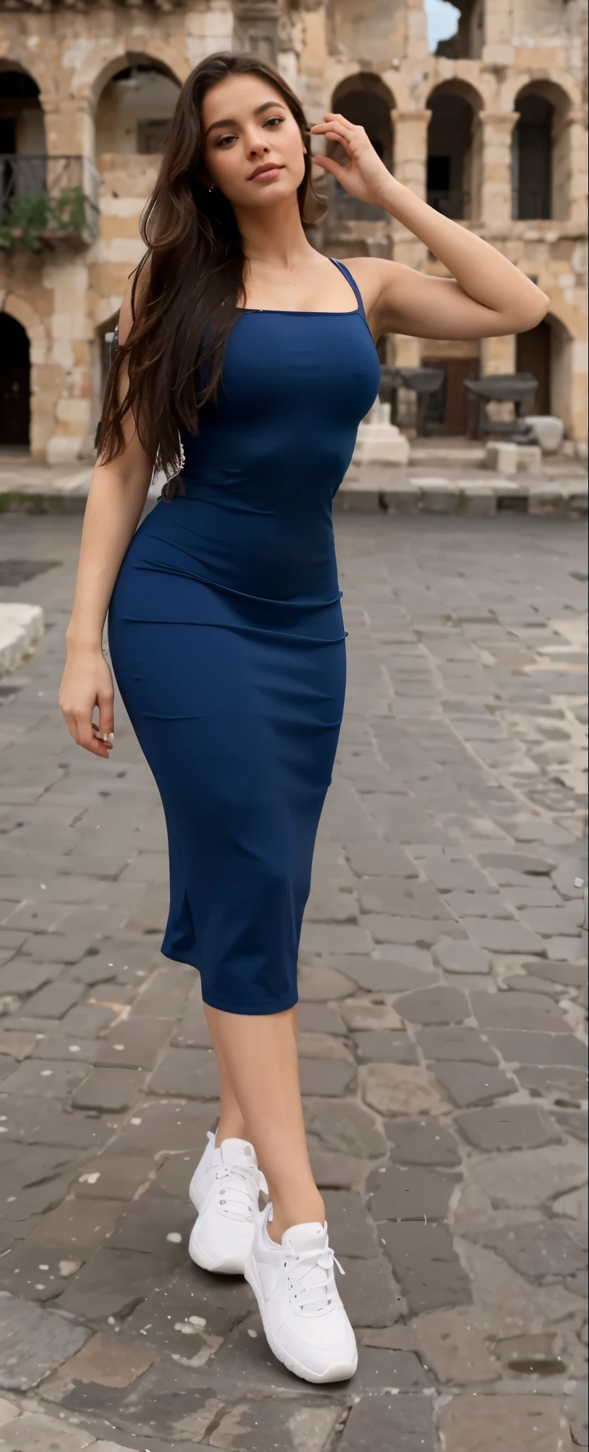 Uma mulher linda, extremamente realista, sexy, pernas grossas bunda grande, fitness, usando vestido azul, fundo coliseu grecia