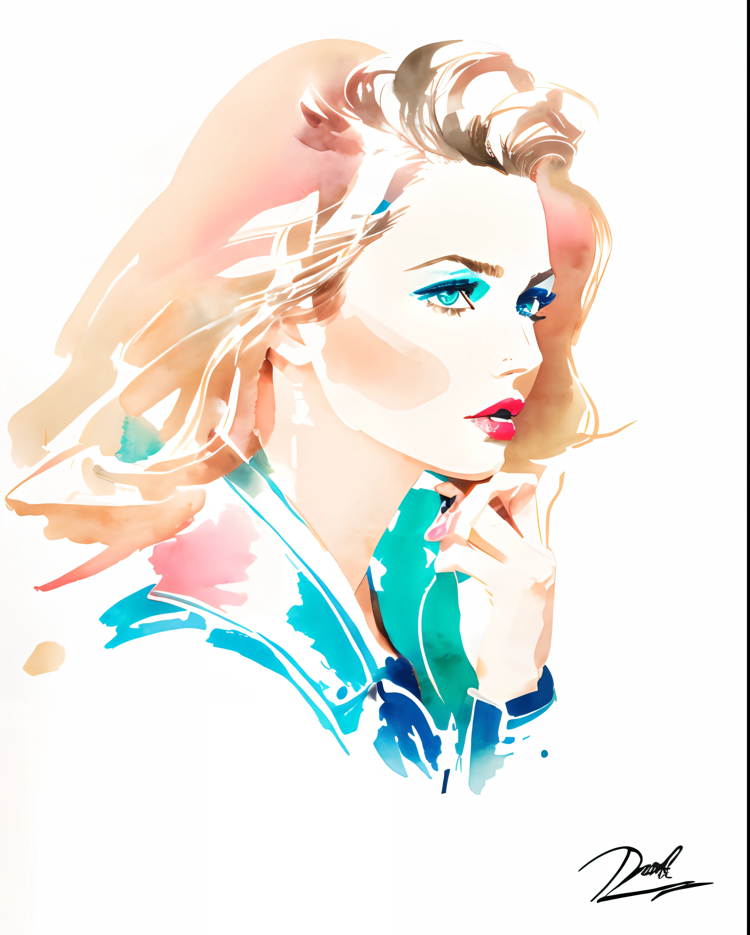 Ilustra??o de moda de David Downton, Desenho de Mustafa Soydan, arte de linha, linda mulher de cabelo castanho claro, olhos azuis, batom cor de rosa, elegante, jaqueta jeans, cup of soft green tea, street cafe, ventoso, Bege, aquarela