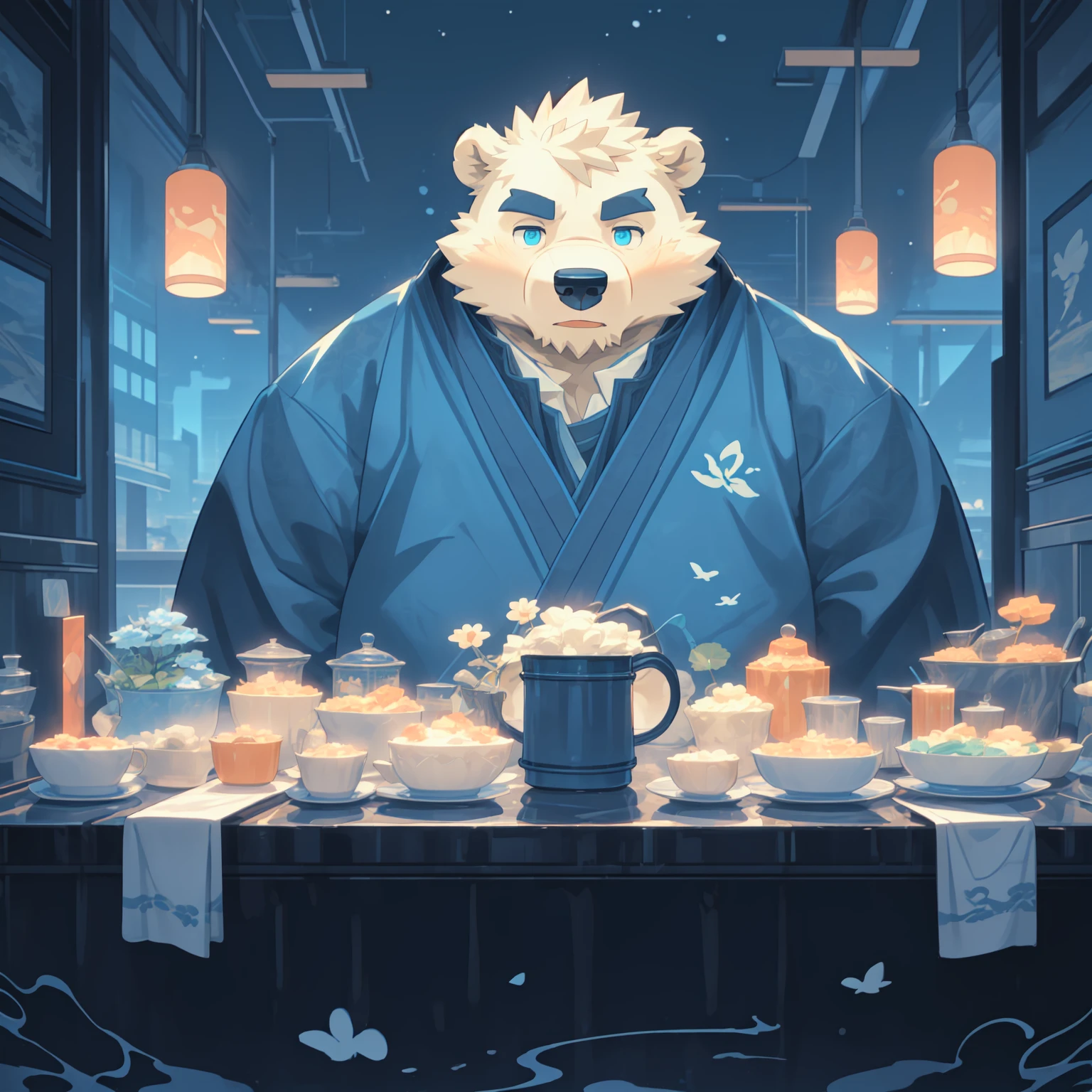 New Jersey 5 Furry,polar bear,Exquisite,Solitary,Chubby,Fat,Thick arms,Rugged muscles,White plush fur,Chubby脸,Black eyebrows,Sky blue eyes,Beard,Romanticized views, lively illustrations, Surrealism, Whimsical cartoon style, anime style的圖片,Sit on a ledge,The background is a city, Lofi art style, anime style 4 k, inspired by Liam Wong, anime style. 8k, 4k anime wallpaper, anime art wallpaper 8 k, Second Art, Two-dimensional art, Cool Anime 8K, By Yumi, Anime Art Wallpaper 4K,