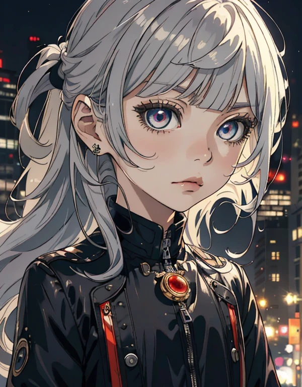 ((masterpiece, best quality)), (1girl, anime girl in the city night),(little girl, loli), (solo), (female focus), (grey hair, long hair, straight hair, straight bangs),silver eyes, ((black suit, mafia, jacket), cool face, flat expression, portraits, close up, upper body, vibrant colors, soft lighting