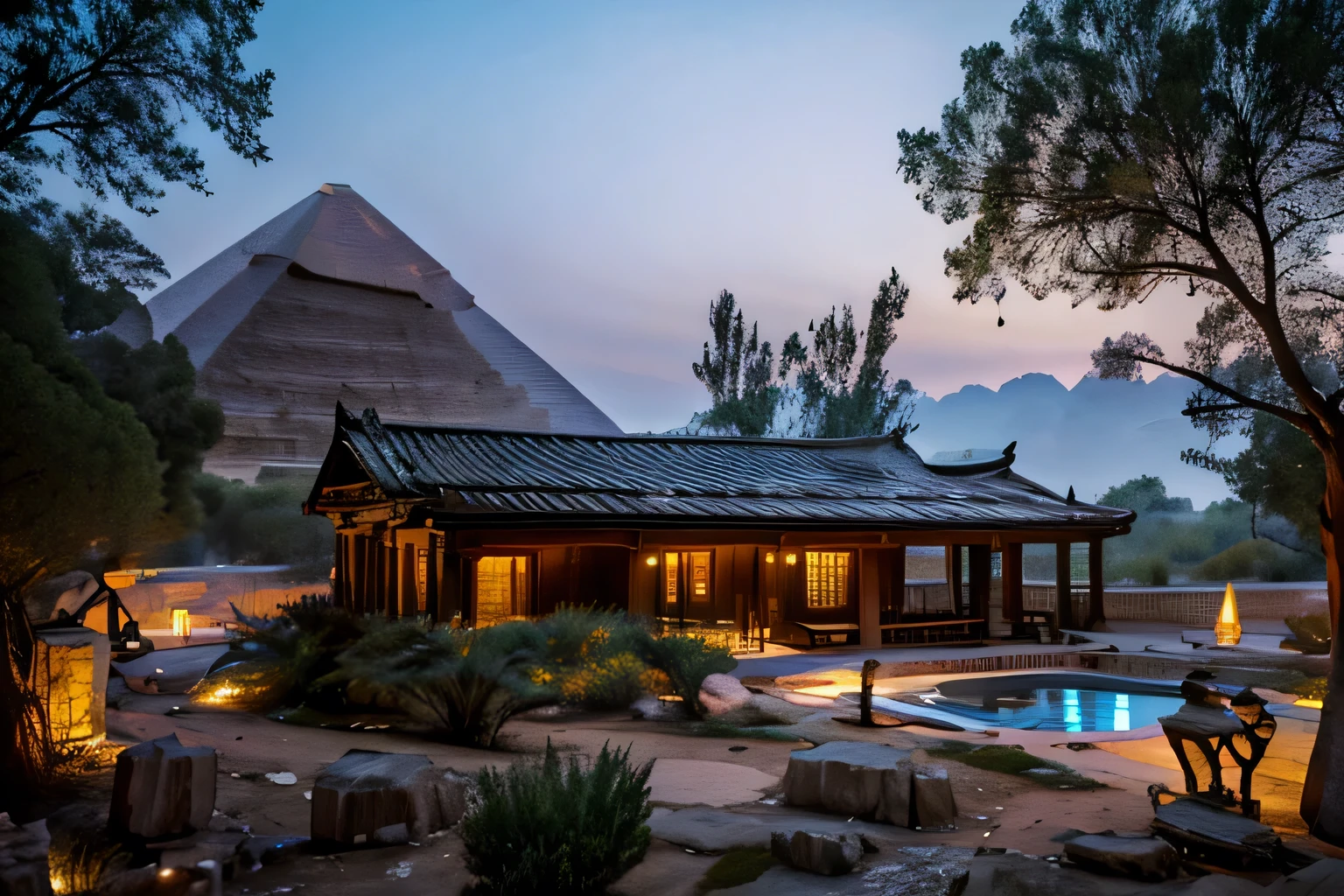 (otherworldly, otherworldly atmosphere, otherworldly appearance), highly insanely detailed, masterpiece, top quality, best quality, highres, 4k, 8k, RAW photo, ((ancient egyptian theme:1.2)), vivid colors, Homestay, Resort, Guest House, (fantasy world)