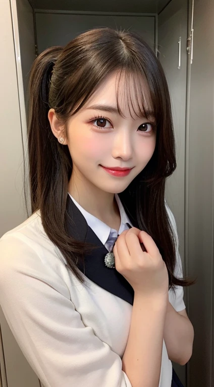 (masterpiece:1.3), high resolution, ultra detailed, extremely detailed CG unity 8k wallpaper, realistic, photo-realistic, RAW photo, beautiful detailed face, pale skin, realistic skin, detailed cloth texture, detailed hair texture, Perfect proportion, Beautiful Face, accurate, Anatomically correct, Highly detailed face and skin texture, natural neck length, (beautiful hands), (fair skin:1.2), Thin legs, Thin feet, Sexy thighs, BREAK, Detailed eyes, symmetrical eyes, Light Brown eyes, Double eyelids, Thin eyebrows, (Glossy lips:1.4), ((Pretty smile:1.2)), (blush:1.2), BREAK, (A Classy and Cute girl:1.3), (japanese school uniform), (slender figure:1.2),  ((ponytail)), (full body shot), (looking at viewer:1.2), BREAK, (locker room),