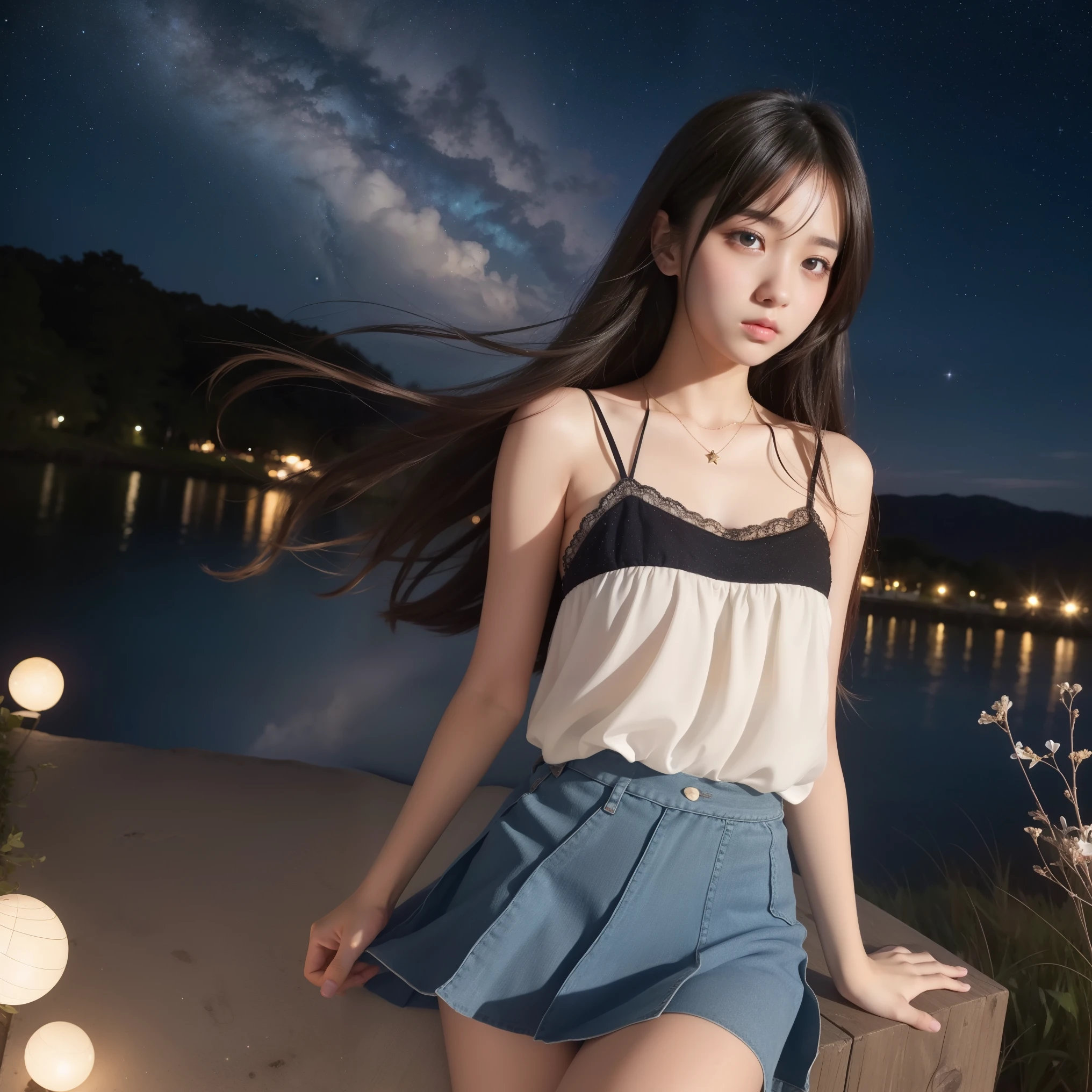 Beautiful images、universe、Fantasy、Shooting start or swarm、Teenage Girl、black eye、Hair length、Starry Sky、Japanese、high school girl、camisole、Fluttering mini skirt、