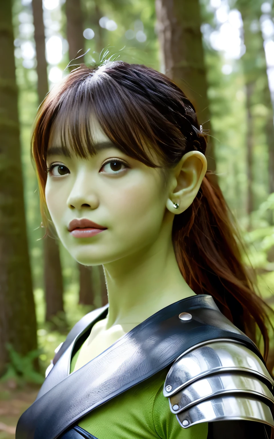 (8K quality、High resolution、Ultra-detailed、最high quality、masterpiece、high quality、Perfect dynamic composition,Gravure photo、Realistic:1.3)、Perfect lighting、One Goblin Woman、Detailed face、Detailed skin、Detailed eyes、Beautiful Face、（Seductively Posing、Otherworldly fantasy:1.3)、Green Face、Green Skin、Green body、Green Hair、Pointed Ears、Stolen equipment、Leather Armor、forest