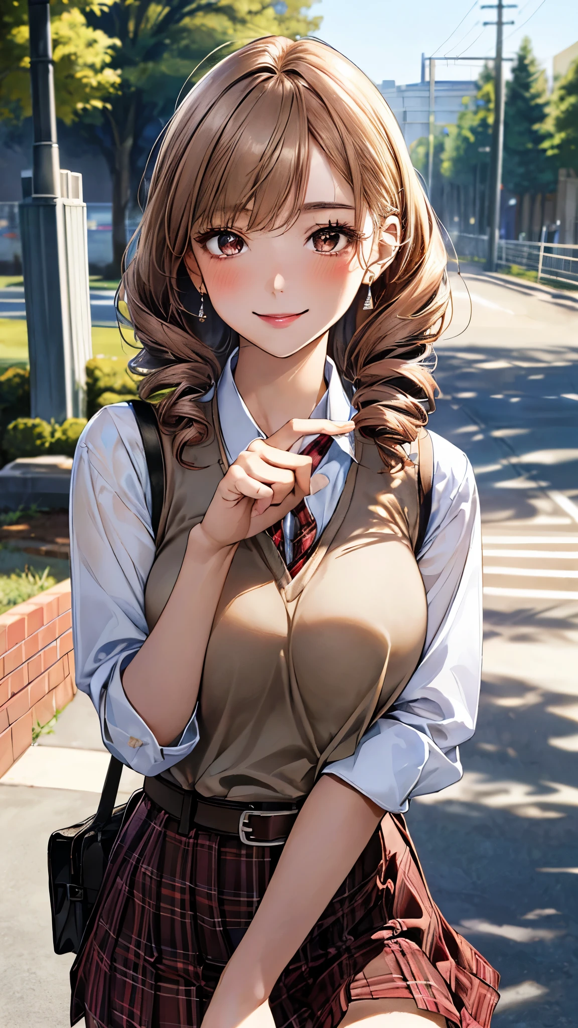 (masterpiece:1.3, top-quality, ultra high res, ultra detailed), (realistic, photorealistic:1.2), beautiful illustration, perfect lighting, natural lighting, colorful, depth of fields, (face focus, upper body),
beautiful detailed hair, beautiful detailed face, beautiful detailed eyes, beautiful clavicle, beautiful body, beautiful chest, beautiful thigh, beautiful legs, beautiful hands, shiny skin,
looking at viewer, 1 girl, high school girl, (perfect anatomy, anatomically correct, super detailed skin), cute and symmetrical face, face, perfect face, perfect eyes, perfect fingers,
(middle hair, drill hair, sandy beige hair), ((hair pulled back)), light brown eyes, long eyelashes, (large breasts, seductive thighs), slender, outstanding style,
((detailed cloth texture, light blue , school vest, tight skirt, belt, white collared shirt), red plaid hair ribbon),
(beautiful scenery), late afternoon, (riverside), walking, (smiling kindly:1.2),