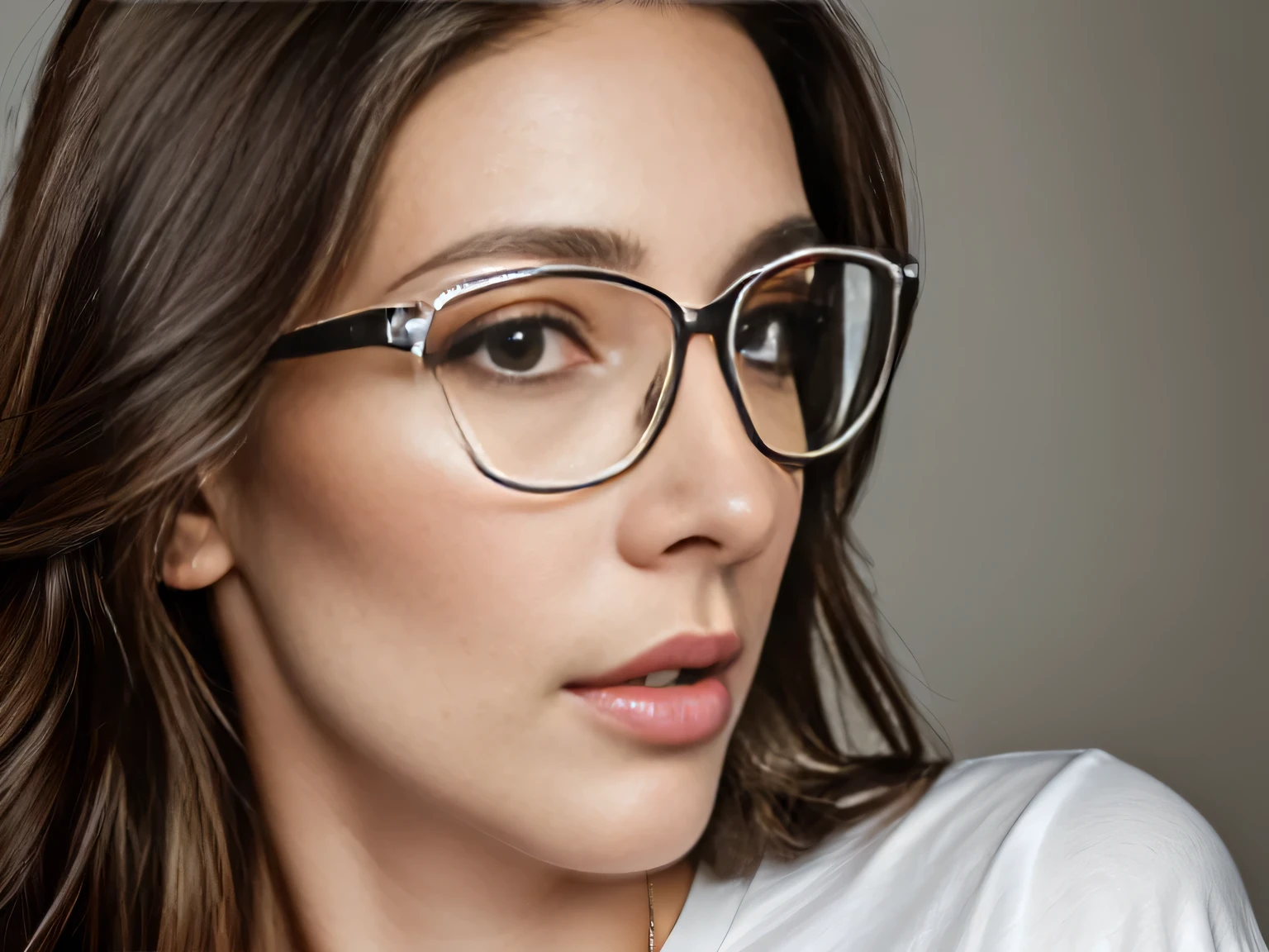 there is a light brunette woman with glasses looking at a cell phone, portrait of a 38 year old woman, wearing reading glasses, wearing large thin round glasses, portrait of brunette, close-up portrait of woman, 38 years old, (38 years old ), wearing white t-shirt ((((white t-shirt))) no blur, HD, high contrast, 16K Masterpiece: 1.3, high resolution, (photographically realistic), NUDE, NUDITY, NFSW. 16K