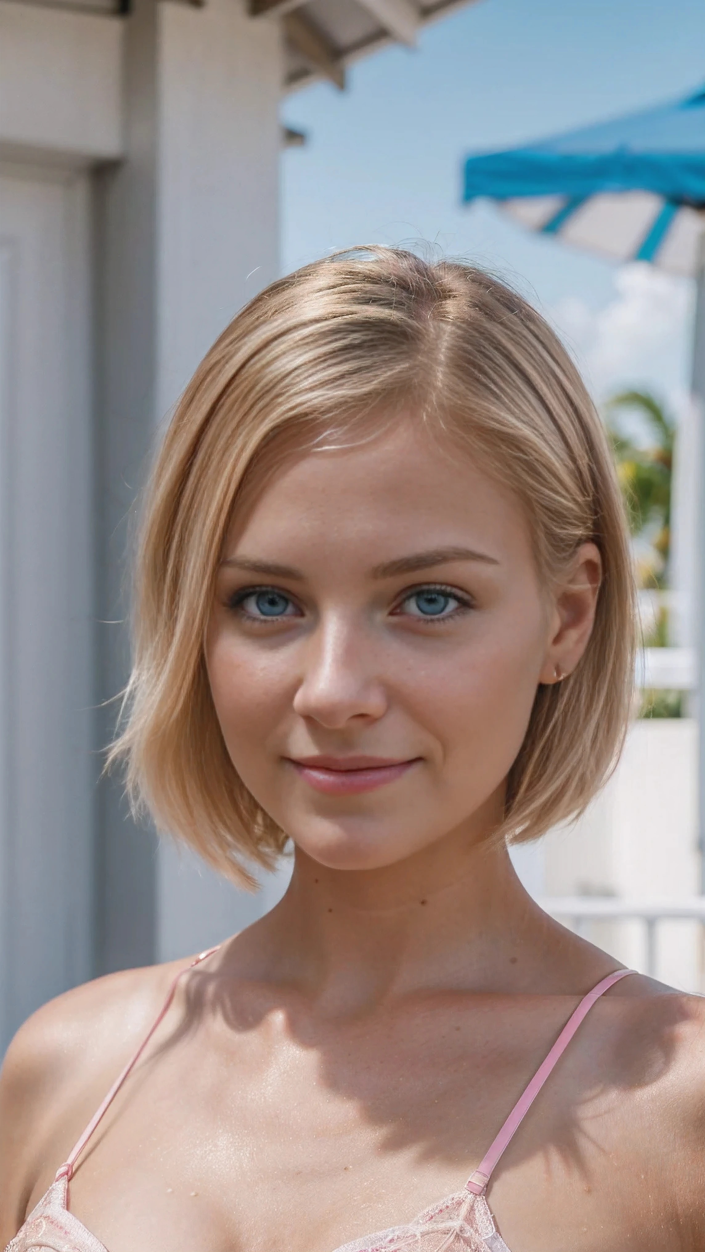 (realista photo of a pretty scandinavian blonde girl), (wearing a gorgeous full set of detalhado, lingerie rosa brilhante e vibrante), (cabelo curto, cabelo loiro), (olhos brilhantes, olhos vibrantes , olhos azuis), (Sorriso fofo), (cara bonita, rosto brilhante), (pele natural, pele brilhante, realista skin, pele bonita, Pele perfeita, detalhado skin, Pele vibrante, pele rosada), (looking directly at the camera ), (fundo decorado de Miami Beach), (ultra high definition, hyper-realista, highly detalhado, alta qualidade, alto detalhe, ultra-detalhado, ultra-realista, realista, detalhado), (melhor qualidade,4K,8k,16K ,Superior,obra de arte:1.3),(realista,photo-realista,photorealista:1.4), (extremely detalhado CG unit 16K wallpaper), 16k UHD, 16k hdr, Sharp focus Fujifilm XT3, professional lighting, film grain, fotografia RAW, digital SLR camera, Arte de pintura realista Fujifilm XT3, Utilize state-of-the-art deep learning models and adjust parameters according to quality metrics, como Similaridade Estrutural (SSIM) and loss of perception to create an image indistinguishable from a real image, alta qualidade photography,