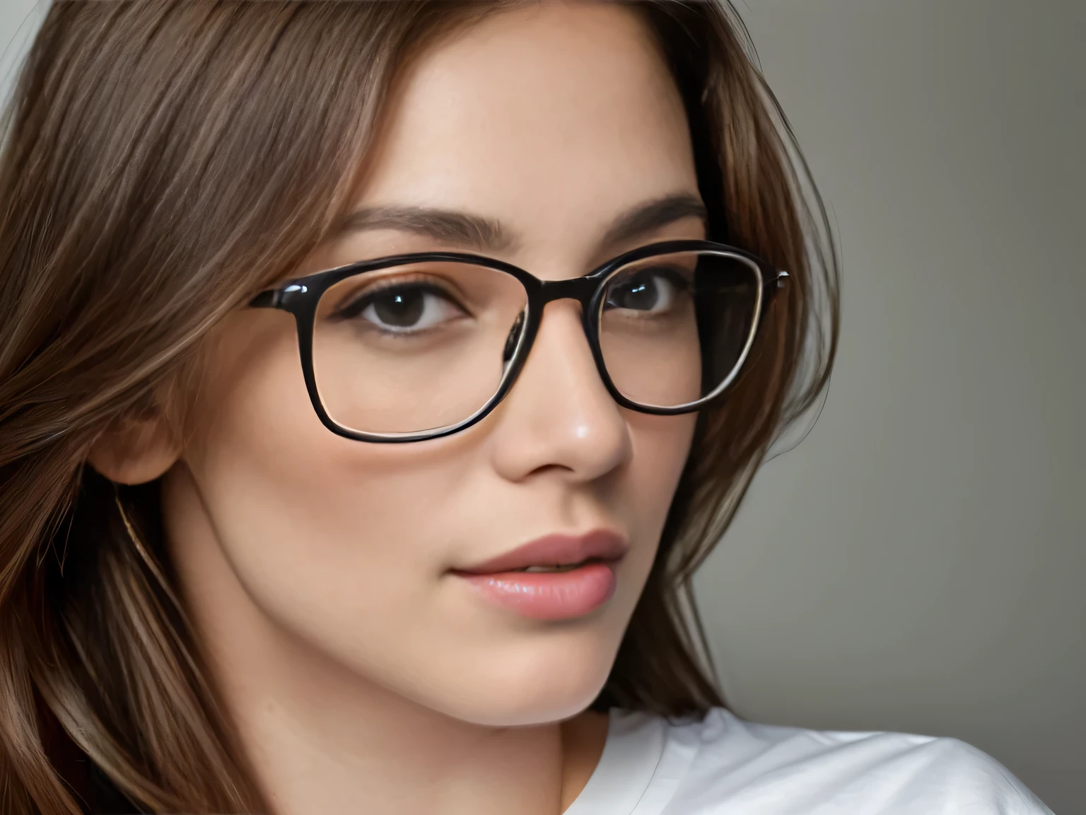 there is a light brunette woman with glasses looking at a cell phone, portrait of a 38 year old woman, wearing reading glasses, wearing large thin round glasses, portrait of brunette, close-up portrait of woman, 38 years old, (38 years old ), wearing white t-shirt ((((white t-shirt))) no blur, HD, high contrast, 16K Masterpiece: 1.3, high resolution, (photographically realistic), NUDE, NUDITY, NFSW. 16K