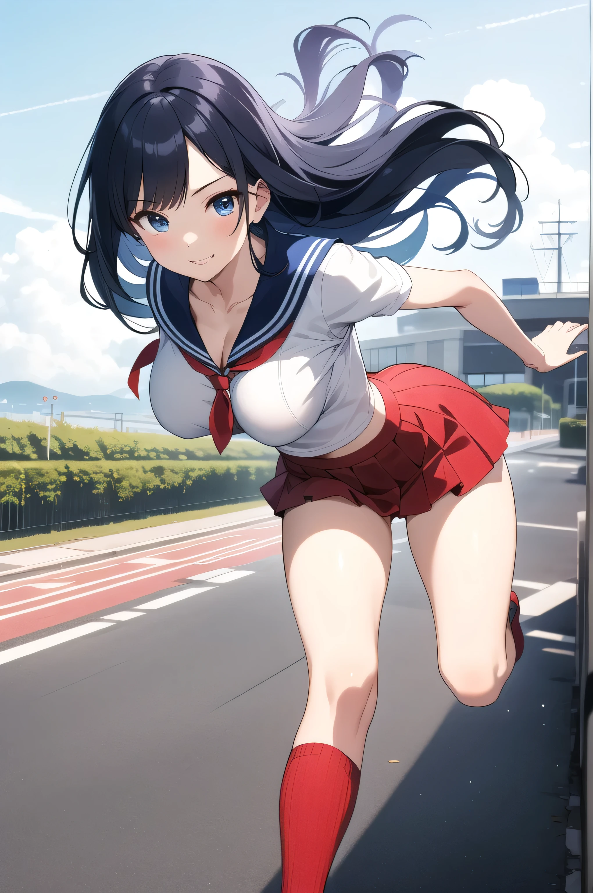(masterpiece, highest quality, Very detailed, 16k high definition anime, Anatomically perfect body),(hayami), 1girl,One girl、Perfect Face、Cute face、Beautiful Face、smile、Beautifully detailed eyes、A little droopy、blue eyes、(Blue Hair、Long Hair、Waved)、(Medium Breast:1.5)、(sailor suit top、Short length), (Red Skirt), Smooth body lines、Wide hips:1.0、Big Ass:1.0、Beautiful long legs、(running、With big strides)、I'm wearing white panties、View your viewers、(Cherry blossom park background、Cherry tree、SakuraFubuki )、Above-the-knee photos、