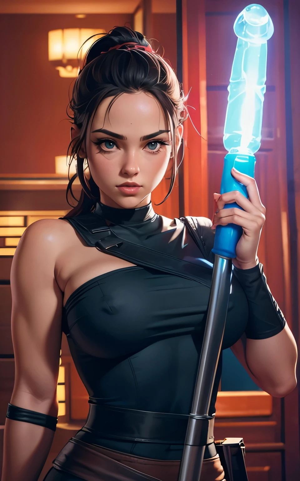 Rey with big boobies large nips and a nice body holding a glowing dildo
