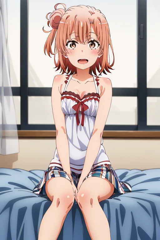 ((highest quality)), ((masterpiece)), (be familiar with), Perfect Face, indoor, Bedroom, Watching the audience,
One woman, Yuigahama Yui,
Open Mouth, Ecstatic expression, blush, smile,
Small breasts, Flat Chest, Young Girl, , , Girl,
Short Hair, Salmon-colored hair, Salmon-colored eyes, Side Pony,
Leg spread,