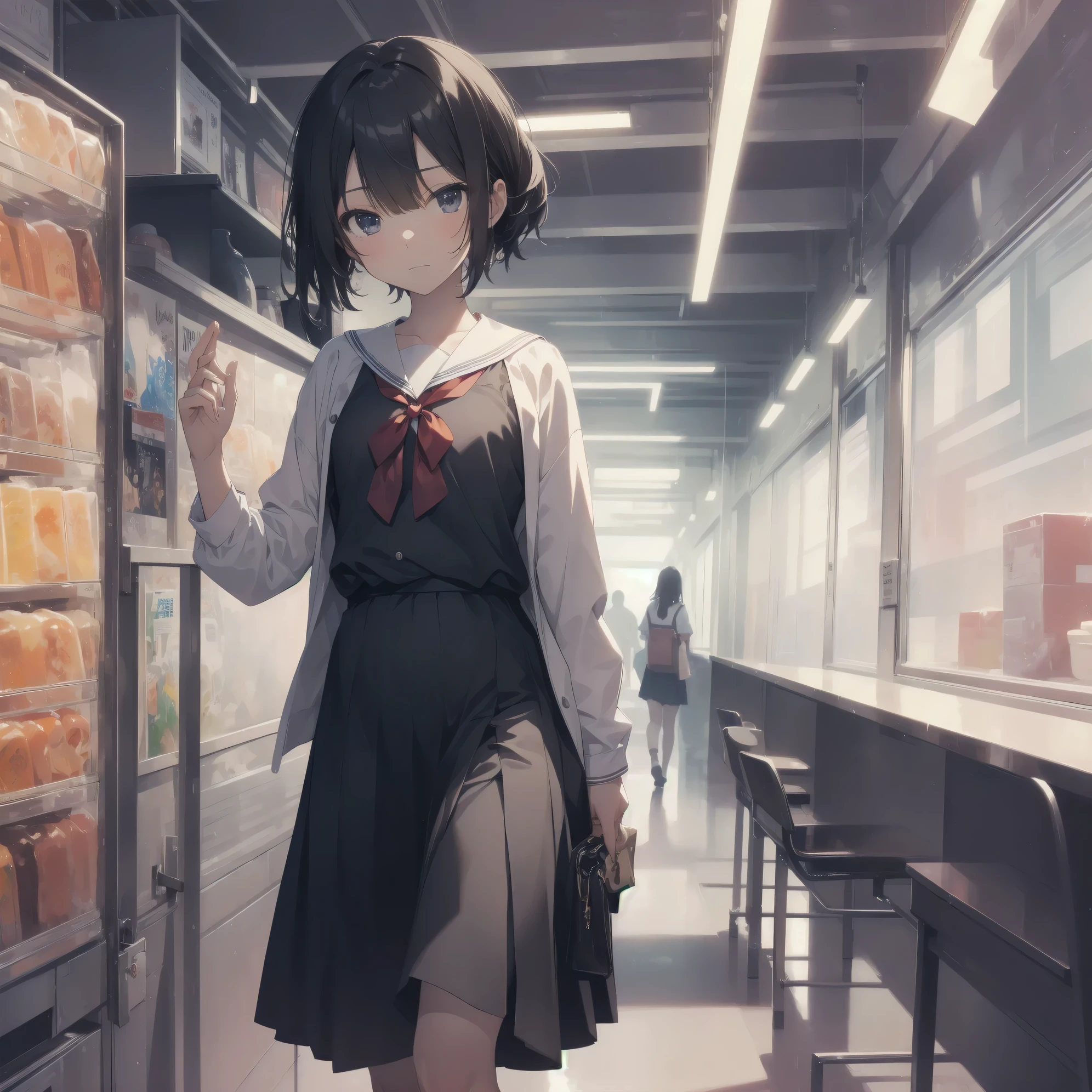 ultra-absurdres-Top quality by artist God, ultra-detailed, high resolution, anime moe artstyle, best anime 8k konachan wallpaper, pixiv contest winner, pool:2810, perfect anatomy,break, 1girl, (Please draw a girl walking sleepily to school alone. )break,(Solo,little female, 13-year-old:1.3),Full limbs, complete fingers,a junior high school student, (very short hair), short cut, flat chest, , small butt, small black eyes, beautiful detailed eyes, well-proportioned iris and pupils, expressive eyes, highres detailed hair, soft expression, salor school_uniform, sailor collar, serahuku, bow, pleated skirt,(Detailed Lighting), (Detailed background), in the School commute route. break,super detailed skin, Best cinematic lighting powered by famous artist, 8k,beauty illustration,photoshop_(medium),very aesthetic,break,((artist:carnelian )), artist:akinashi yuu ,artist:oyari ashito ,artist:kantoku ,
