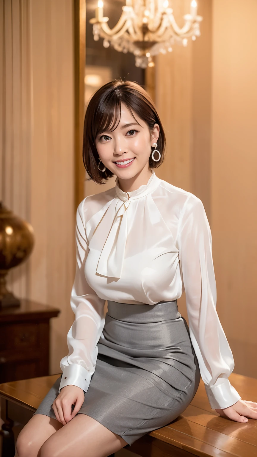 （RAW Photos：1.2）、 (Realistic:1.4),（D cup breasts）,Thick legs、alone、(White Silk_blouse:1.5),(Grey pencil skirt:1.5),（Knee-length skirt:1.8）、(Pearl_Earrings:1.3),Jewelry Necklace Short Hair,black eye、（Dimly lit luxury boutique：1.8）、（Looking at the audience：1.2）、Beautiful Japanese Woman, Very detailed,High resolution, Very detailed,highest quality,Raise awareness,Unified,8k wallpaper,masterpiece,highest quality,1 female,alone,rich,Whole Body Ezbian,（A kind smile：1.5）、（Full body photo:1.8）、Sit on the sofa with your legs together、Black pumps、Wooden floor、chandelier、upright