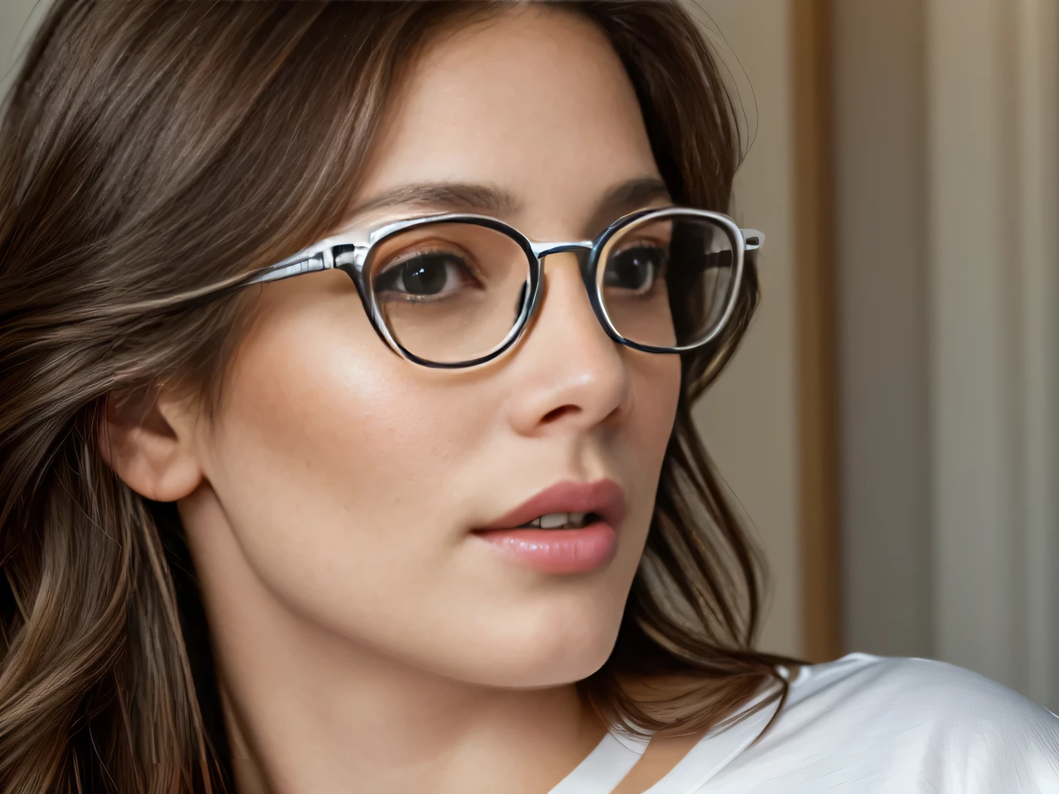 there is a light brunette woman with glasses looking at a cell phone, portrait of a 38 year old woman, wearing reading glasses, wearing large thin round glasses, portrait of brunette, close-up portrait of woman, 38 years old, (38 years old ), wearing white t-shirt ((((white t-shirt))) no blur, HD, high contrast, 16K Masterpiece: 1.3, high resolution, (photographically realistic), NUDE, NUDITY, NFSW. 16K