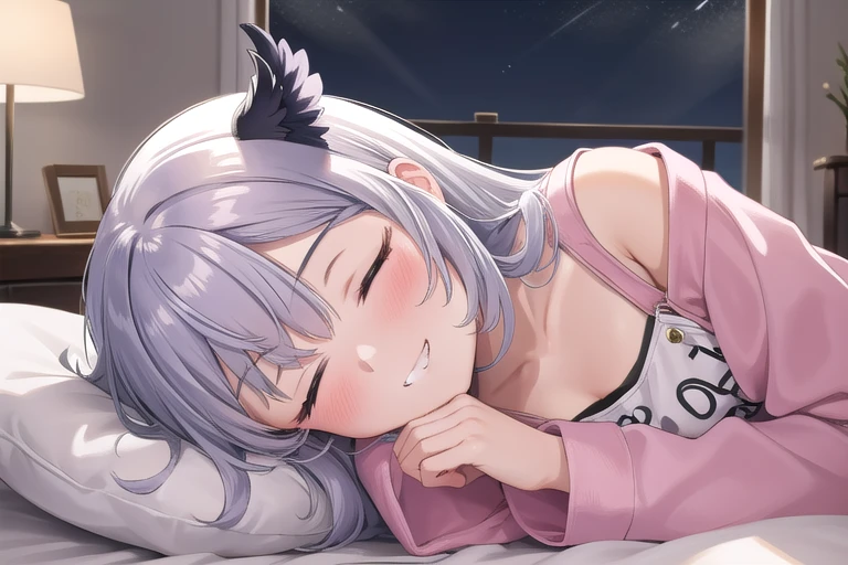 (masterpiece, highest quality), , 一人of女of子, of+ darkness , , blush,Flat Chest,,(masterpiece, best quality),
1girl, on side, elbow rest, head rest, chin on hand, head tilt, (futon:1.3),
(smile:1.2), sleepy, (half-closed eyes:1.2), grin, heavy breathing, parted lips, looking at viewer,
BREAK pajamas, pink over sized sweatshirt, sleeves past wrists,
BREAK on bed, bedroom, bed side lamp, nighttime, deep shadow, BREAK on bed, bedroom, bed side lamp, deep shadow, night, bed_invitation