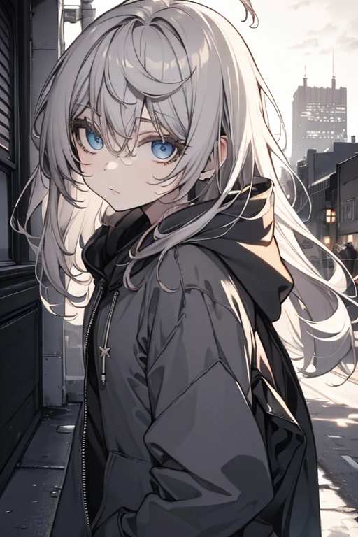 Faded tones, monochromes, Cool guy, Long bangs, Hipster Girl, lean girl, Grey Hair, Upper chest shot, monochromes, Black, Hoodie, No background, City at night, From Side、Black clothe、Black costume, ham