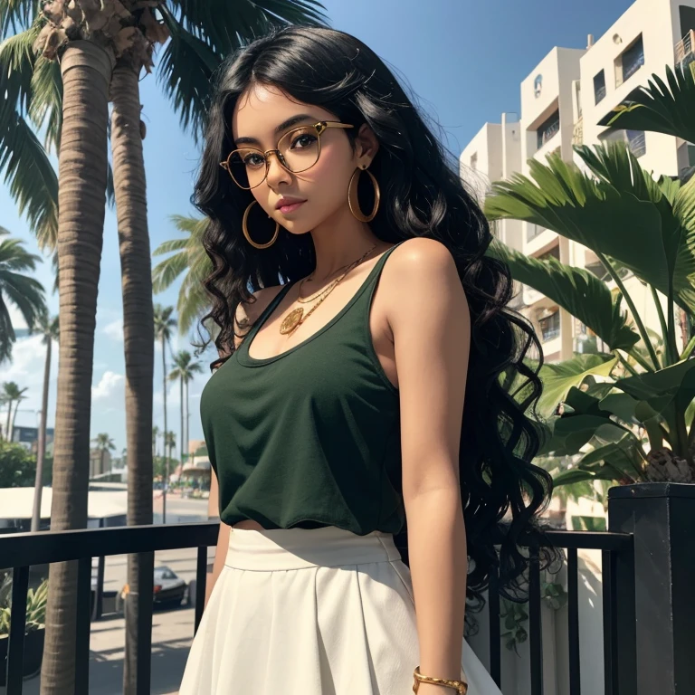 A cute Asian and Black mixed-race gypsy girl with brown skin, long curly black hair, emerald green Asian monolid eyes, and big black round glasses, wearing a blue tank top, a white skirt, and gold jewellery in a tropical city with palm trees