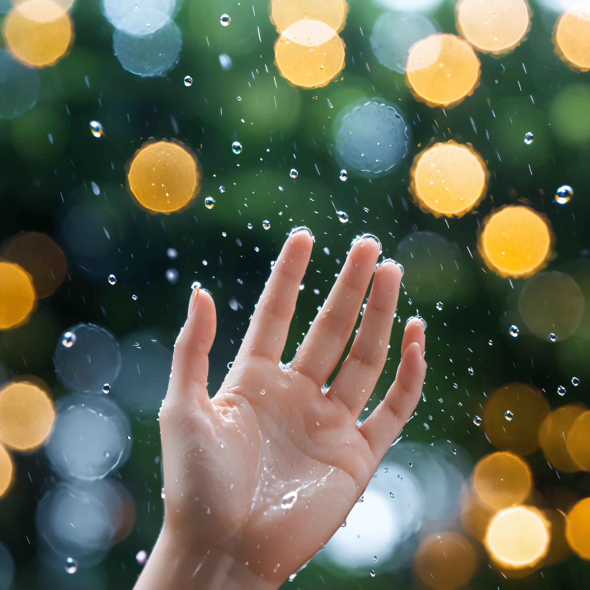 windowglass stained with water droplets,a vague figure of a young girl,hand on the glass,the wind blows water droplets,
blurry_foreground,bokeh,perfect hands,